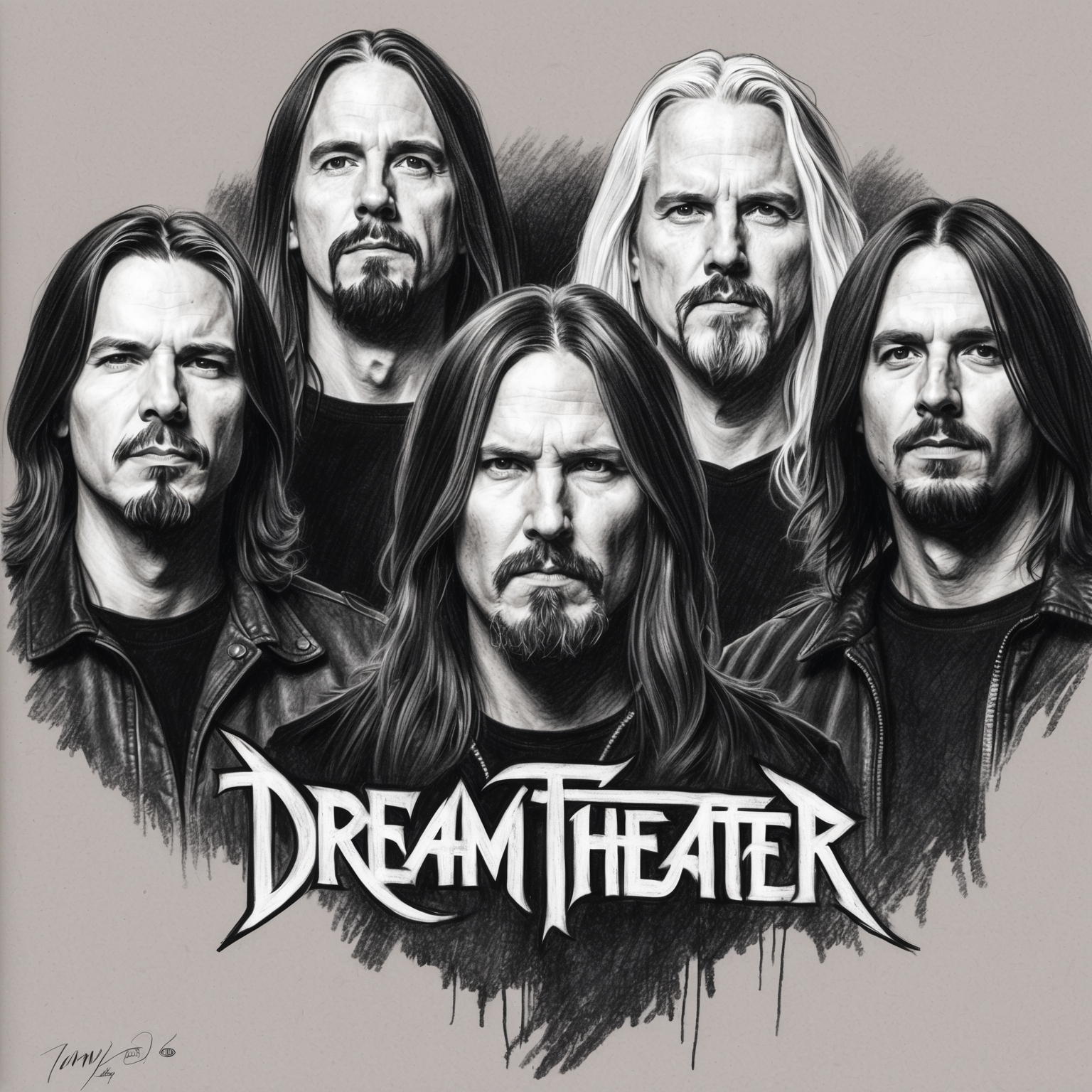 Create a charcoal, stylistic drawing of Dream Theater, a black and white charcoal portrait featuring the band with a half-finished artistic feel, capturing their essence during the era of their 2013 album release.