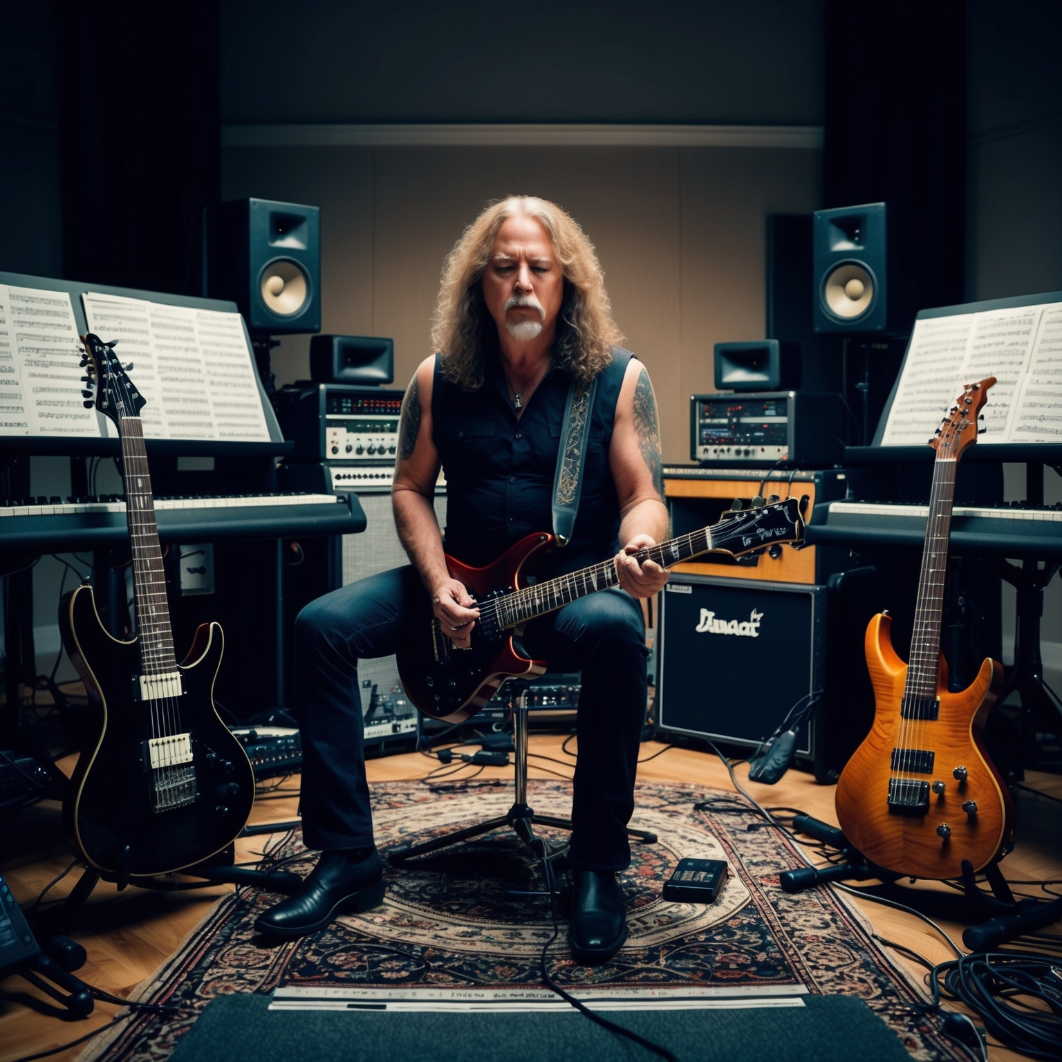 A dynamic portrayal of John Petrucci in the studio, surrounded by guitars, musical scores, and equipment. The setting is a harmonious blend of modern technology and classical inspiration, capturing the intricate essence of progressive rock music. Petrucci is deeply focused, representing the creative genius behind Dream Theater