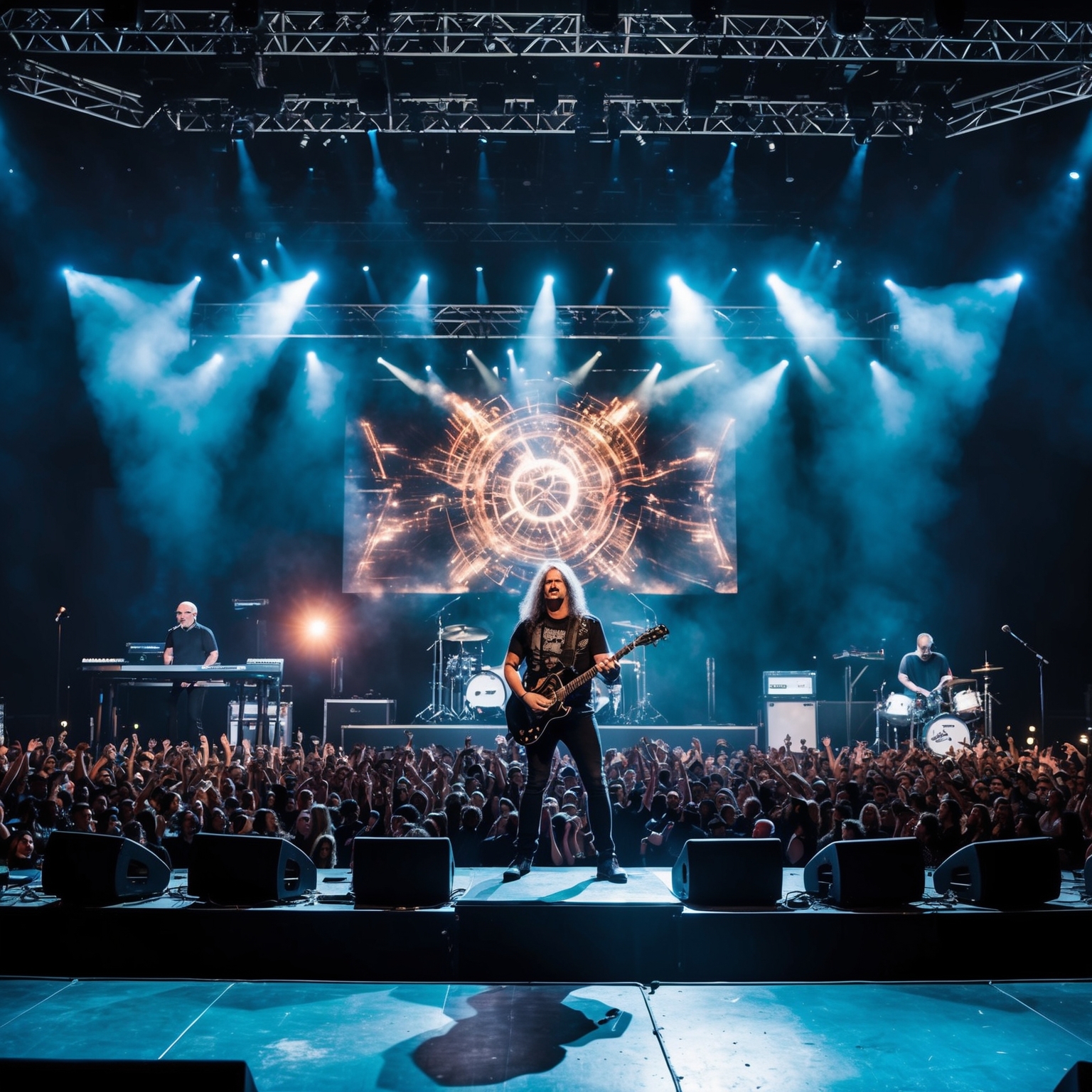 A grand stage with a progressive metal band performing a complex and epic song, audience captivated in awe, dynamic lighting accentuating the performance, instruments like electric guitar, keyboard, and drums prominently displayed, capturing the essence of a live concert experience.