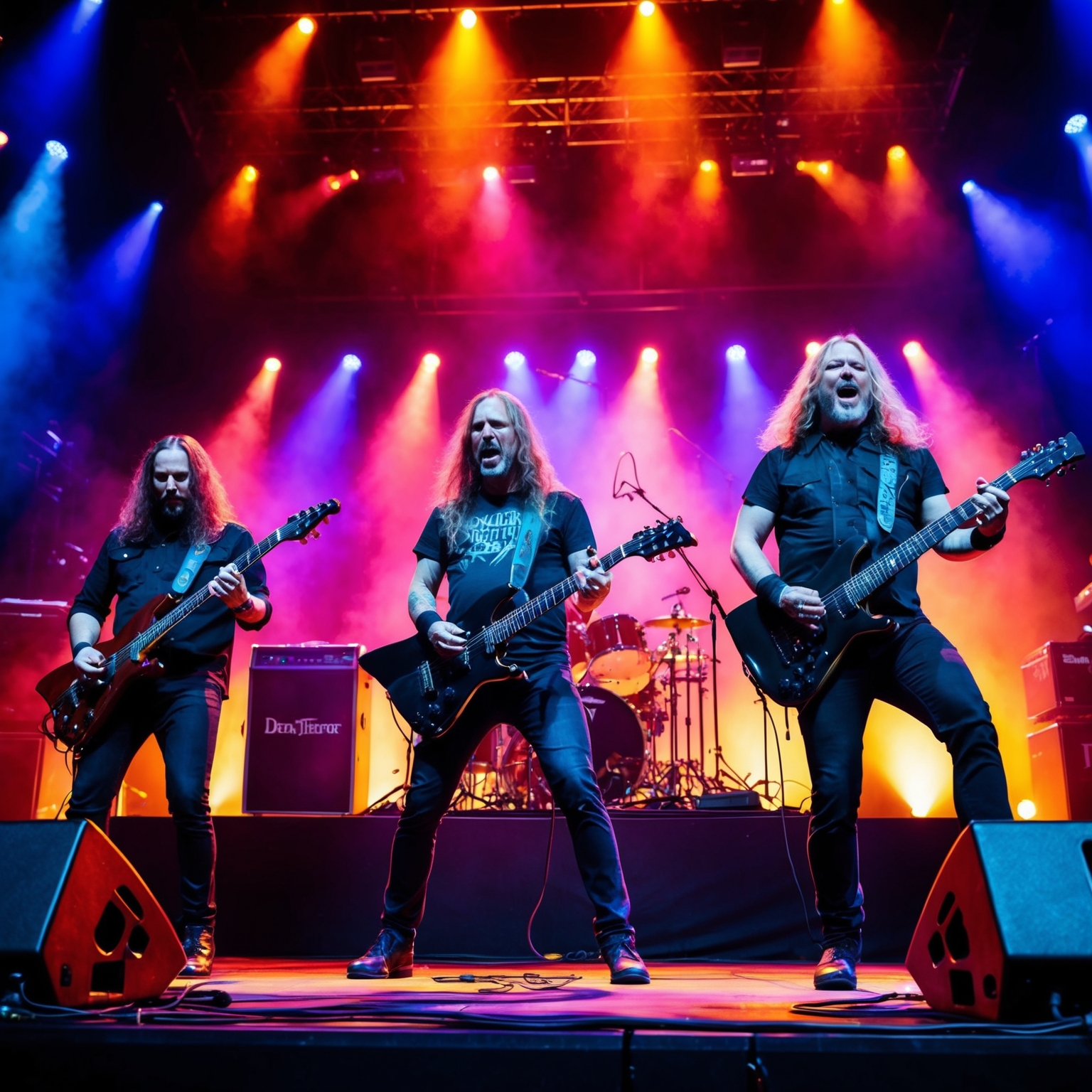 A dynamic concert scene with a progressive metal band on stage, captured mid-performance. The stage is vibrant with colorful lighting that complements the complex sound of the band. The focus is on intense audience engagement, showing the band members immersed in their instruments. The atmosphere should depict a sense of grandeur and excitement, hinting at the rich musical legacy of Dream Theater.