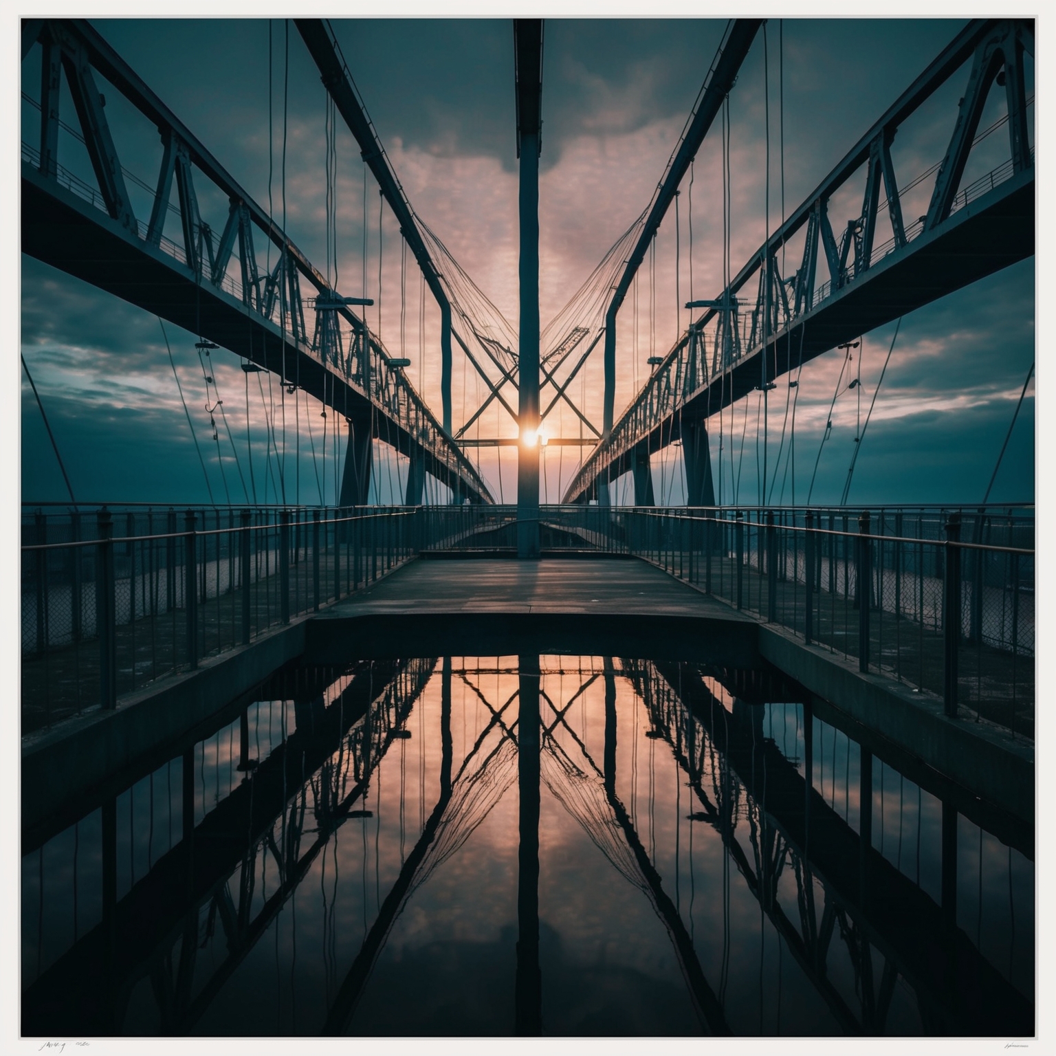 A philosophical and metaphysical representation of introspection and existential questions, featuring abstract imagery that symbolizes self-reflection, connection, and human emotions. The art should evoke a sense of depth and contemplation, with elements such as mirrors, bridges, and contrasting themes of light and darkness, mirroring the symbolic nature of the song