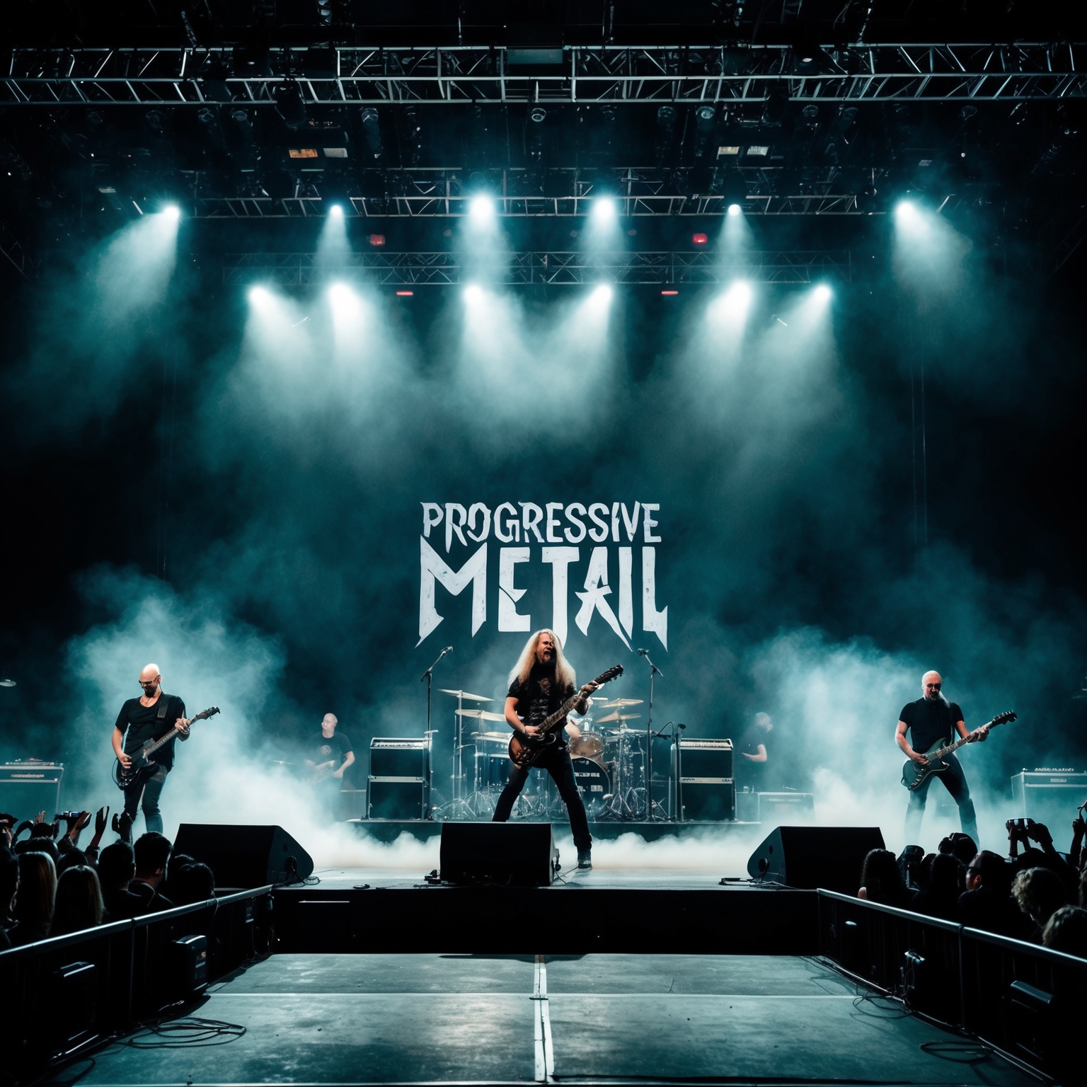 A live concert stage for a progressive metal band, with dramatic lighting and fog, a band performing with intense focus, capturing a sense of grandeur and complexity, audience enraptured by the performance.