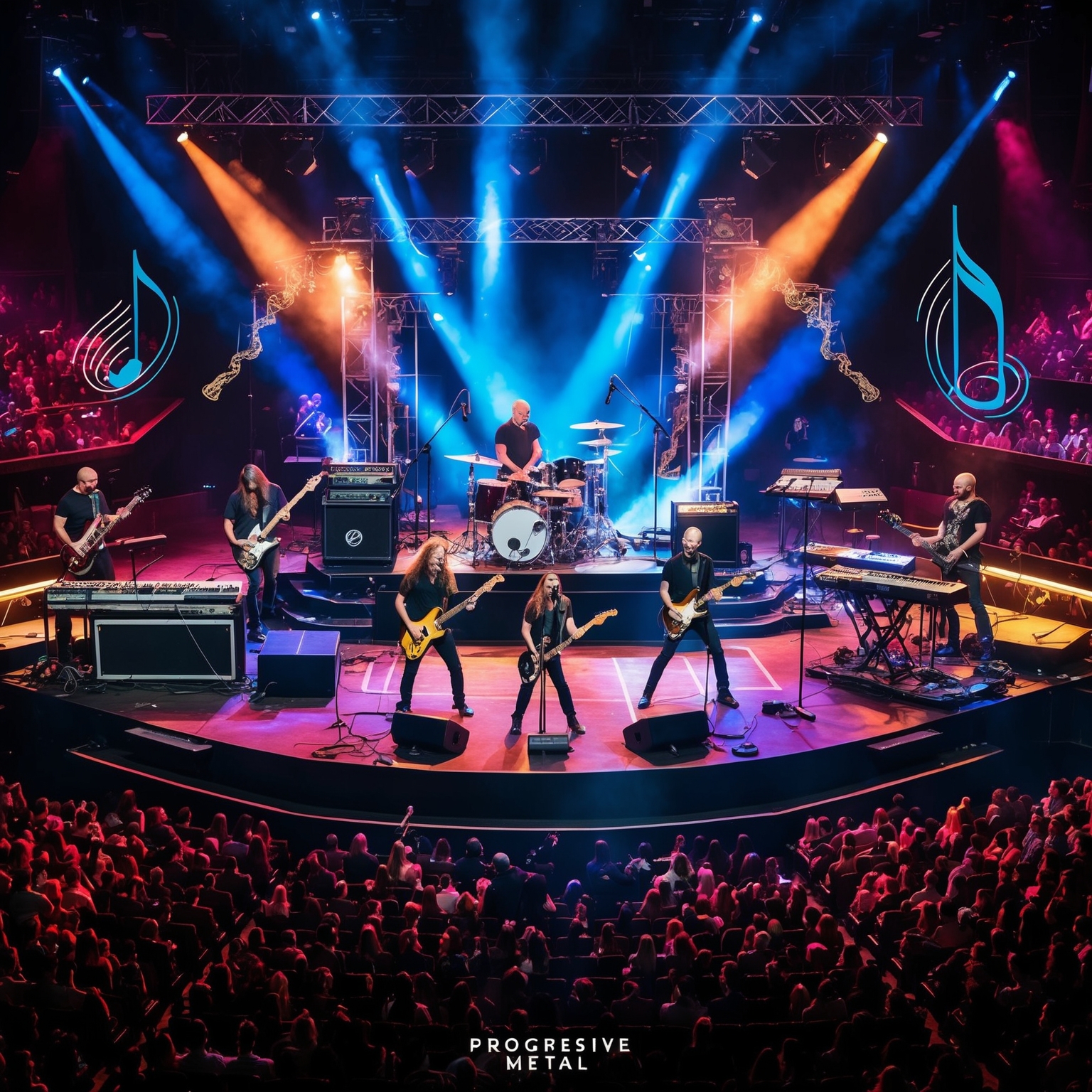 Create an illustration that captures the essence of progressive metal music, featuring a live band performance. Include elements like an intricate stage setup with diverse instruments including electric guitars, bass, keyboards, and a drum set. Emphasize the dynamic energy of a concert, with band members in action, surrounded by vibrant lighting effects that mirror the intensity and tempo variations in music. Incorporate abstract musical notes and scales to symbolize the complex rhythms and harmonies. Set in a grand concert hall, filled with an enthusiastic audience to highlight the epic scale of the performance.