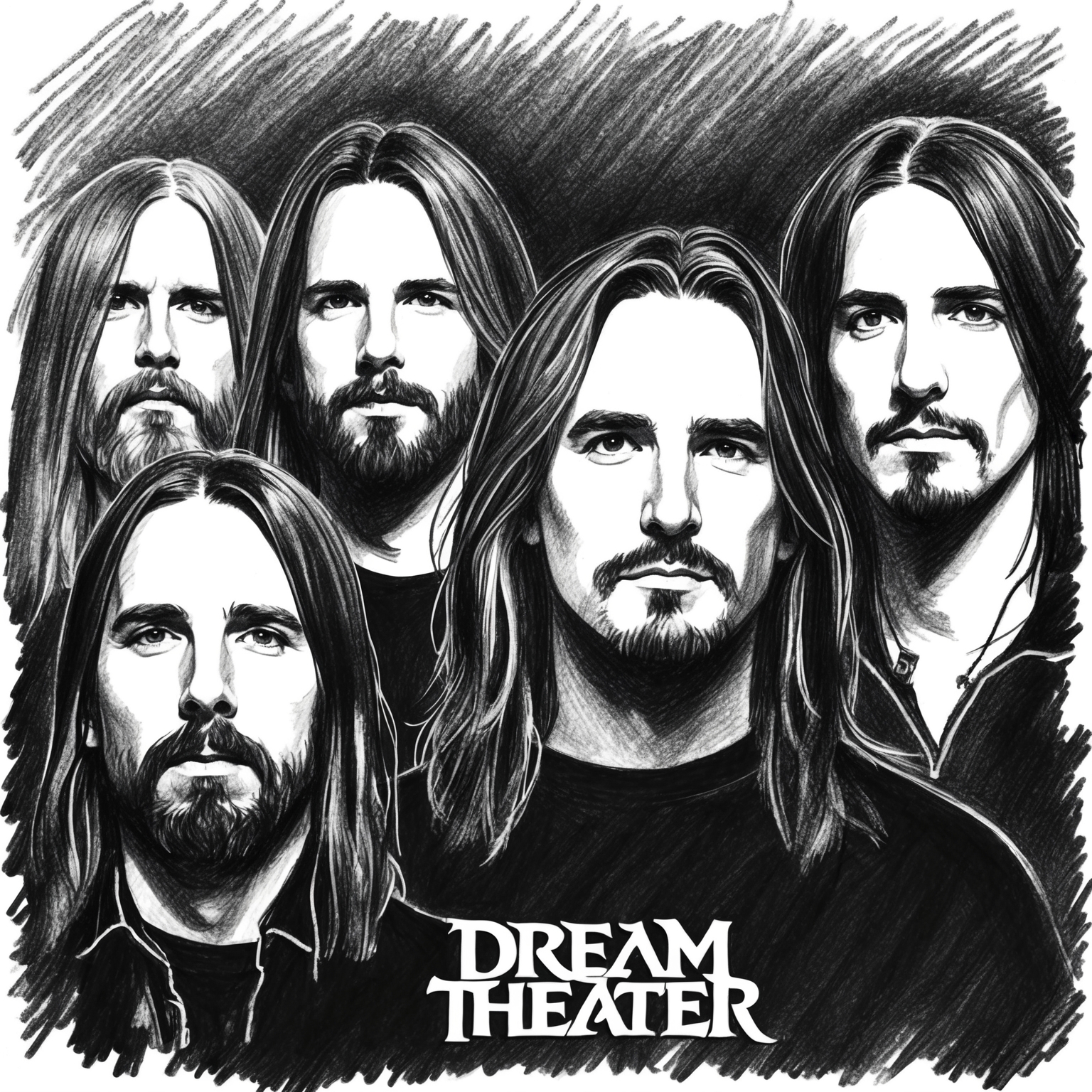 Create a charcoal, stylistic drawing of Dream Theater. Focus on capturing a black and white portrait of the band members with a half-finished, artistic flair.