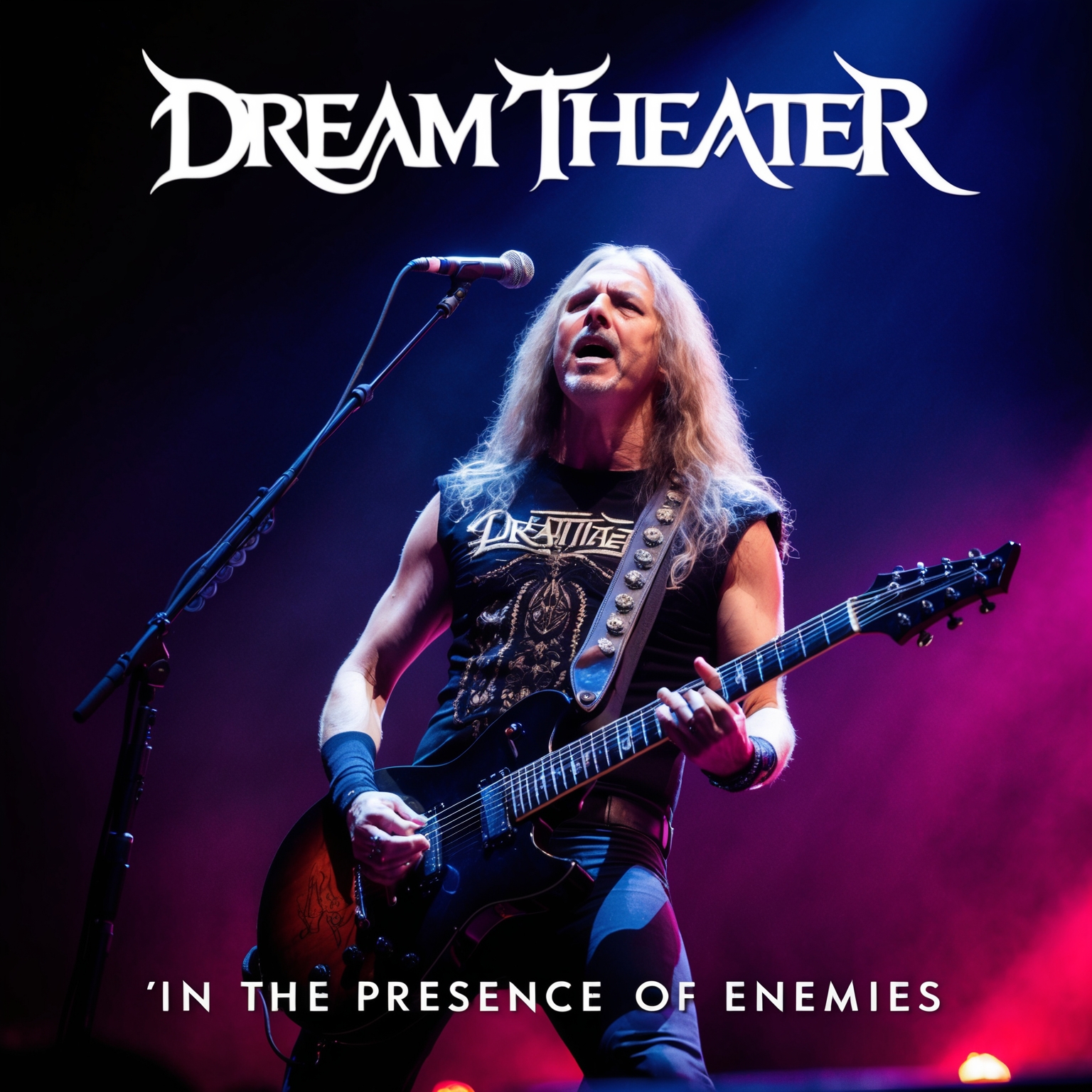 A still image capturing the essence of Dream Theater performing live, with a focus on intricate guitar solos and dramatic stage lighting, conveying the epic and complex nature of 