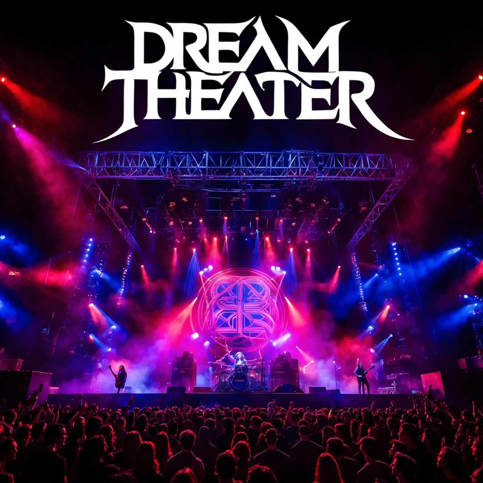 A dynamic image capturing the essence of live progressive metal performance, featuring Dream Theater in an electrifying concert atmosphere with vibrant stage lighting and a captivated audience.