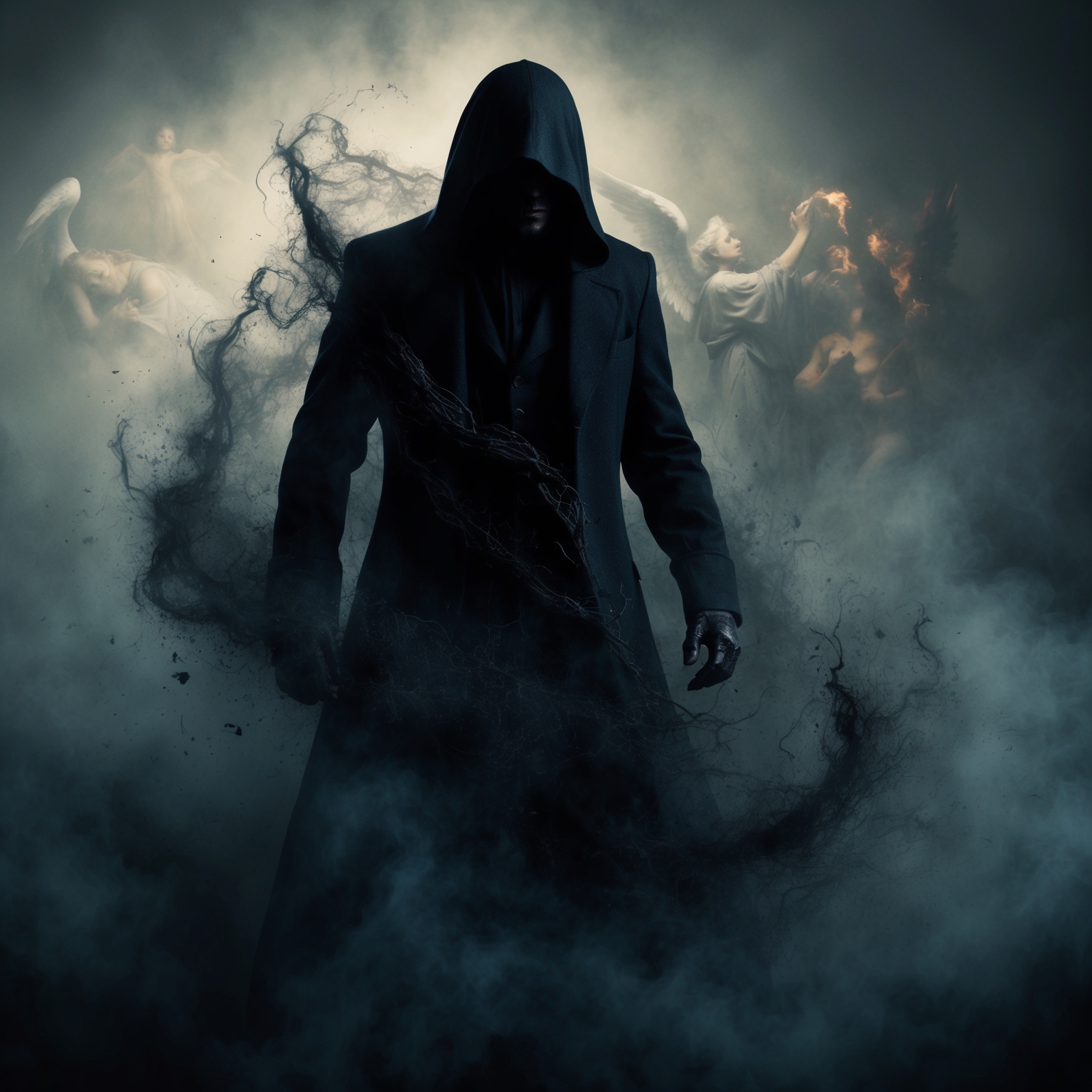 A mysterious dark figure surrounded by swirling shadows, with the faint imagery of angels and demons hidden within the mist. The scene looks mystical, capturing themes of conflict between light and darkness, evoking a gothic atmosphere.