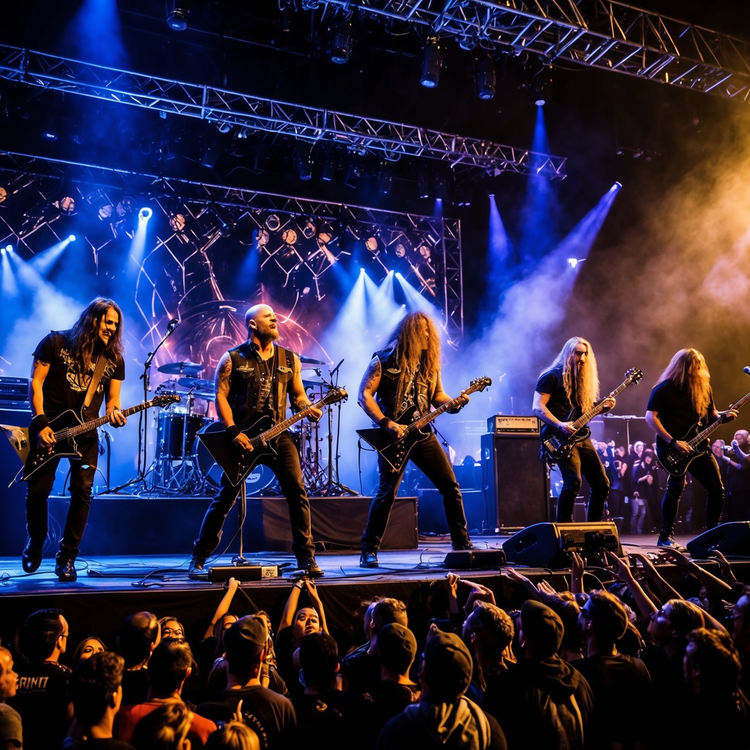 A dynamic live concert scene featuring a progressive metal band on stage with a backdrop of intricate lighting, capturing the intensity and emotion of live performance. The musicians are engaged with their instruments, exuding energy and technical prowess. A crowd of enthusiastic fans is visible, absorbed in the music and atmosphere, illustrating a powerful connection between the band and its audience.