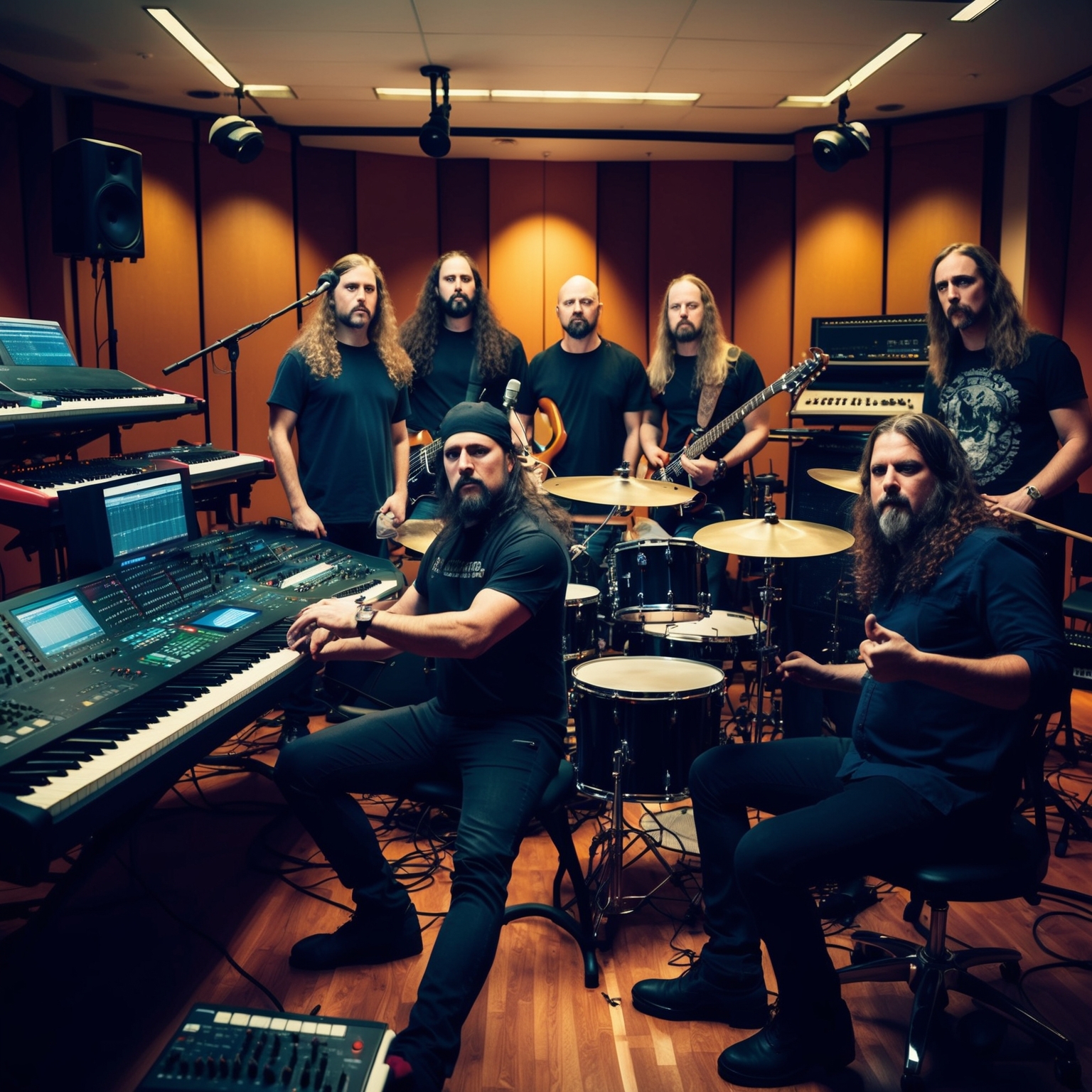 Create a detailed image capturing the essence of a progressive metal band in a recording studio, focusing on musicians with electronic keyboards, electric guitars, drums, and other orchestral elements. The atmosphere should convey a sense of intensity and intricacy, reflective of the band