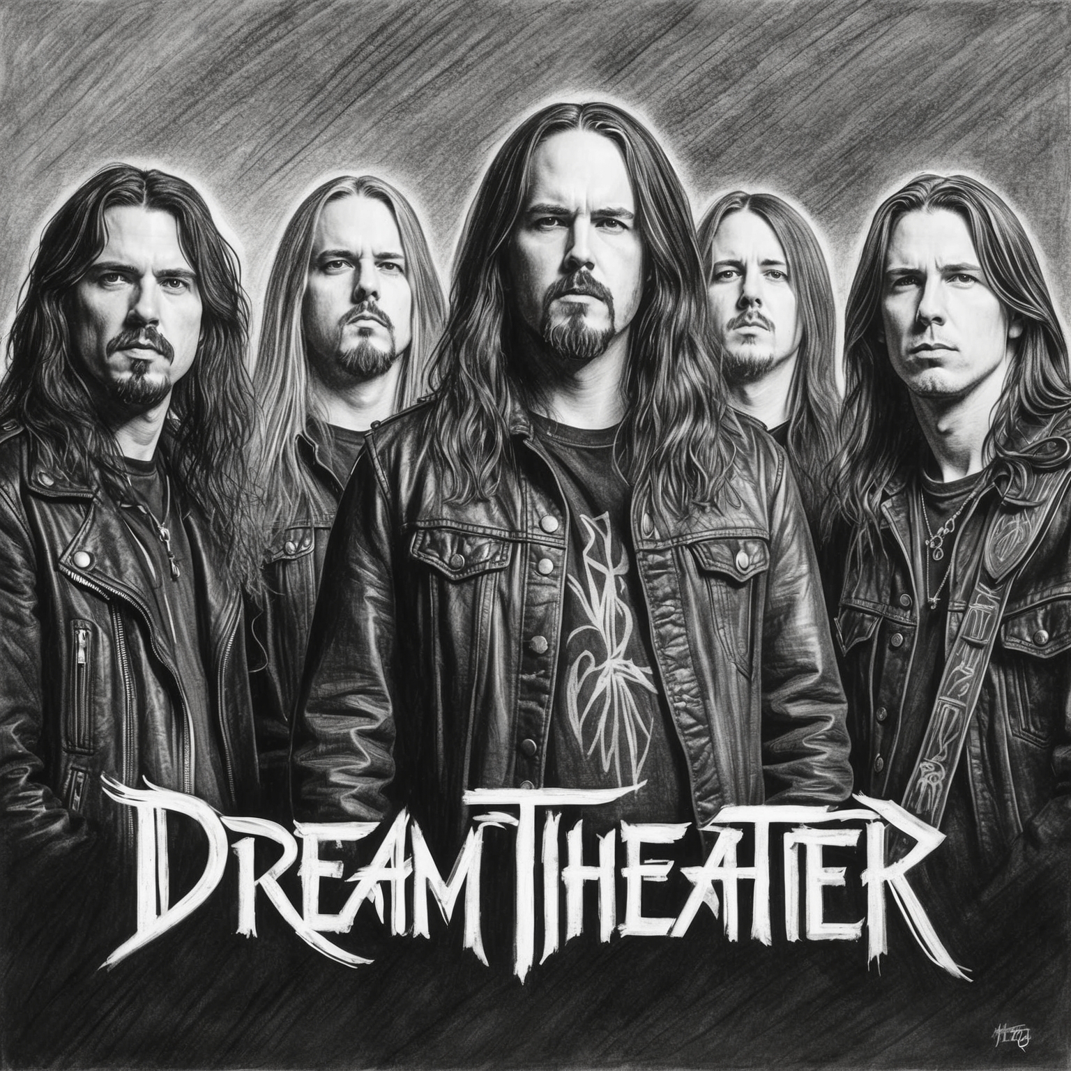 Create a half-finished black and white charcoal drawing of Dream Theater, capturing the essence of a progressive metal band with a focus on them performing between 1985 and 1995, showcasing their passion and intensity.