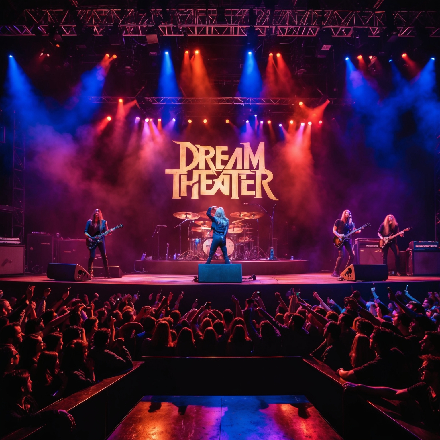 A vintage concert stage featuring Dream Theater performing 