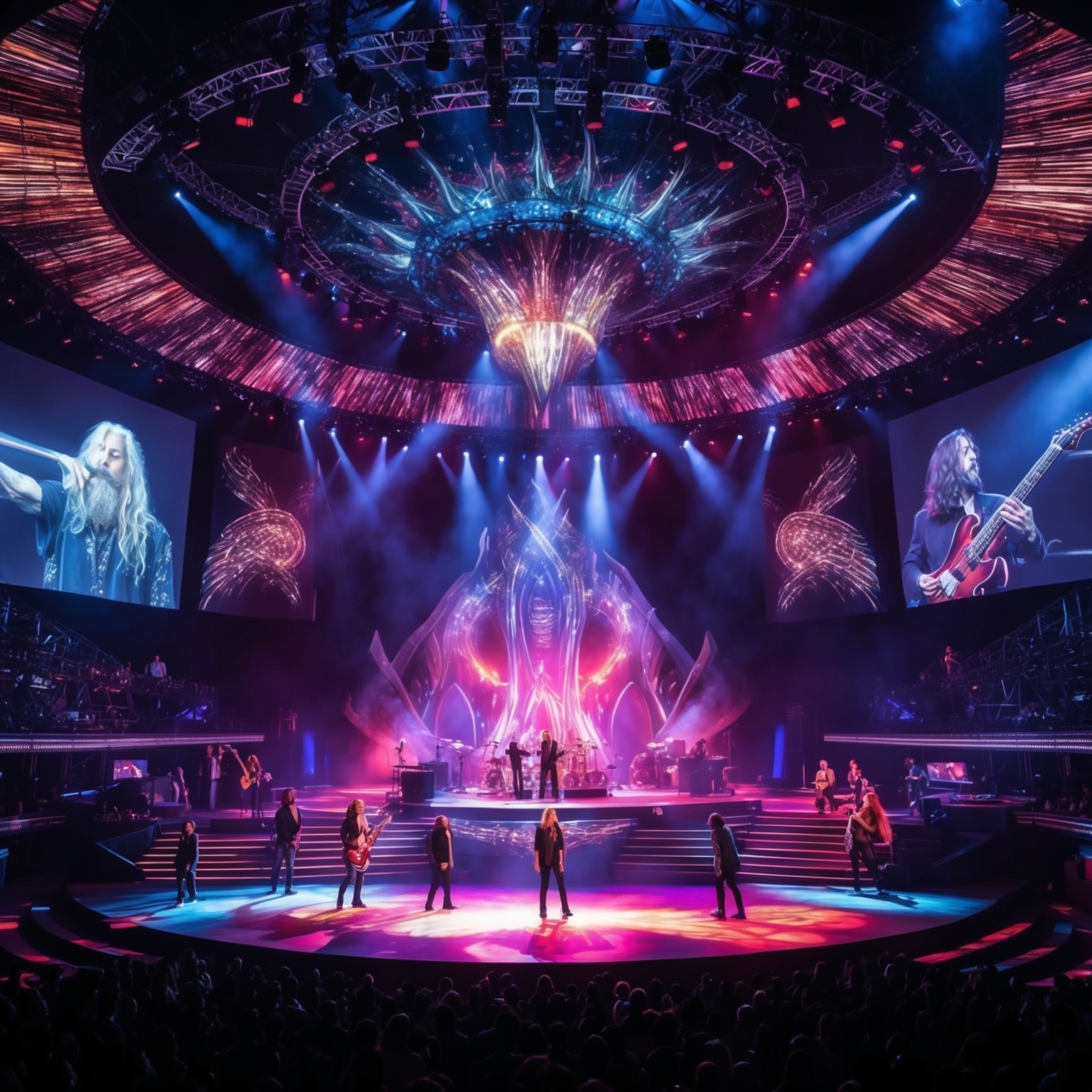 Create an image inspired by the dynamic interplay of characters in a progressive rock concert setting. Visualize intricate stage designs, vibrant lighting, and engaging animations that capture the ethereal and mysterious aura of an iconic prog-rock performance.