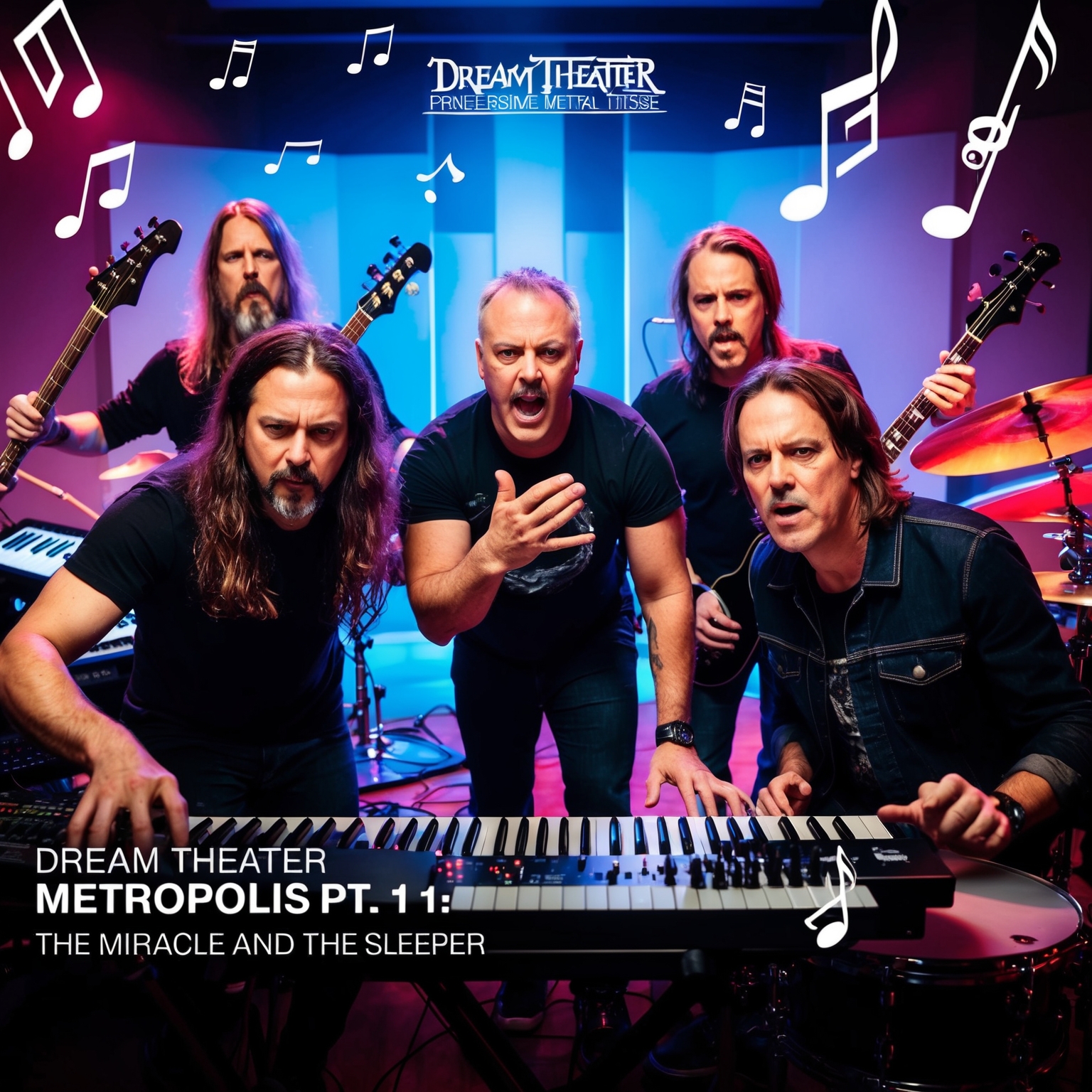 Create an image showcasing a dynamic and vibrant studio setting with Dream Theater musicians intensely focused, capturing the essence of their progressive metal song, 