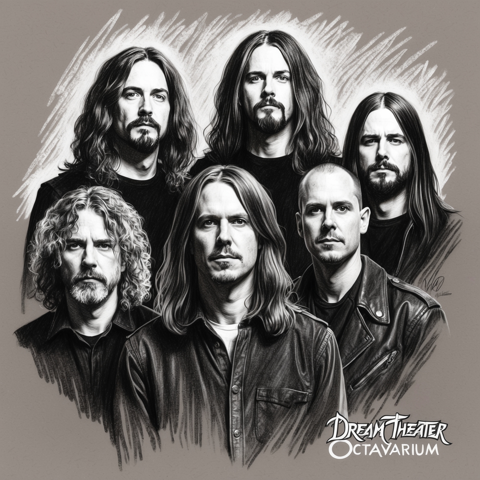 A charcoal, stylistic drawing of Dream Theater, depicting the band members in a black and white charcoal portrait with a half finished feel, capturing their essence during the era of the 