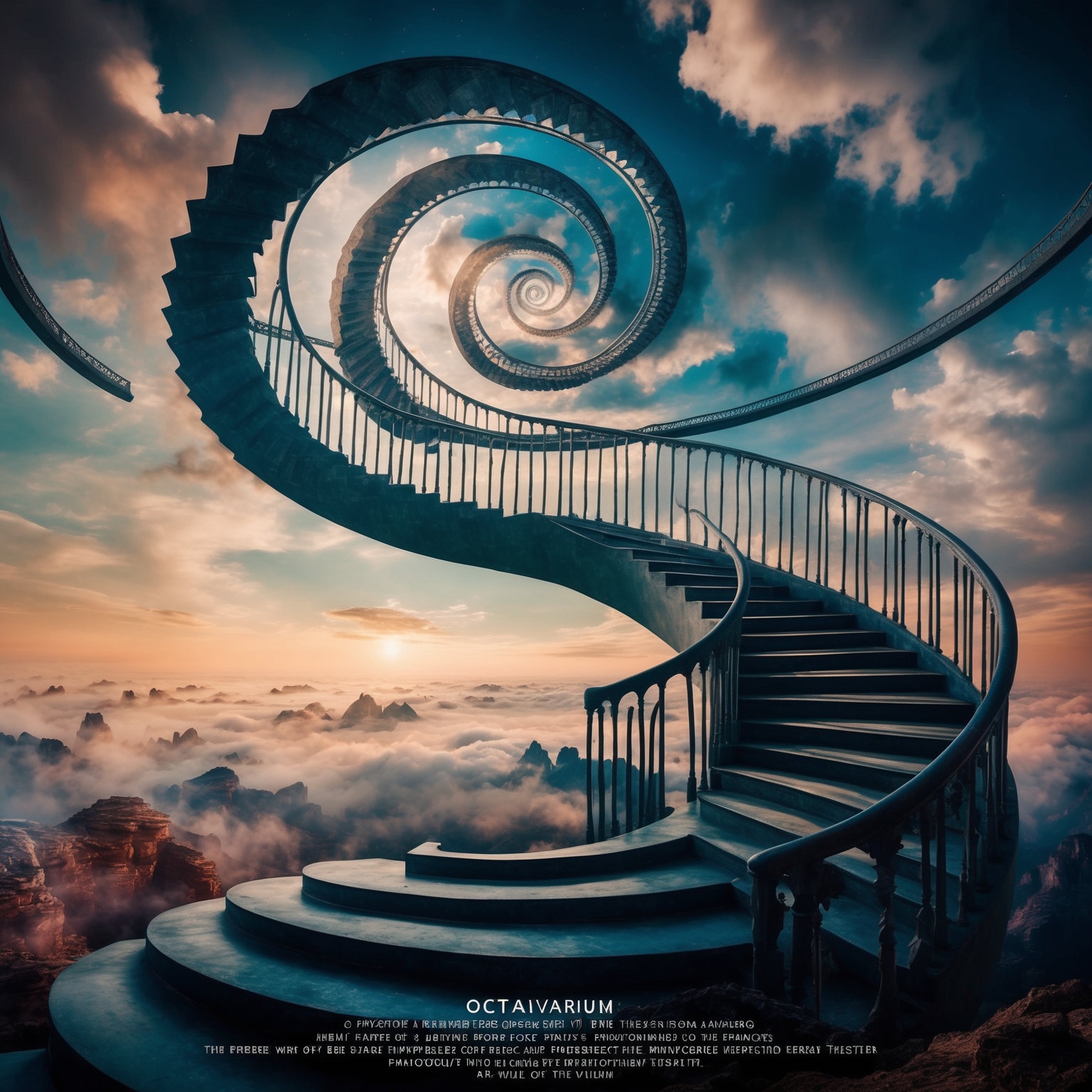 A surrealist painting depicting a spiral staircase leading into the sky amidst a backdrop of shifting realities and dreamlike landscapes, capturing themes of existential reflection and the journey of self-discovery, inspired by Dream Theater