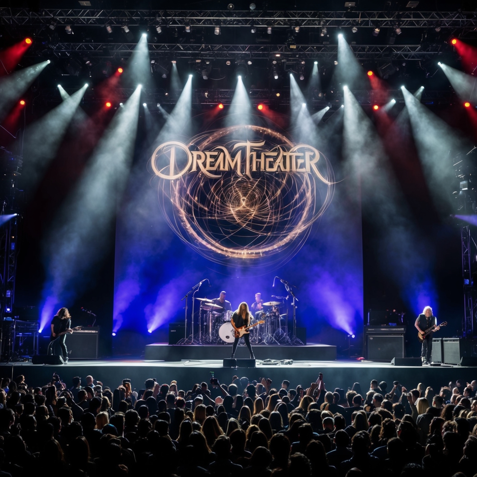 A live concert stage with dramatic lighting effects, progressive rock band Dream Theater performing. Visual symbolism reflecting themes of cycles and time. Audience captivated by the intricate performance. Evoke musical and visual grandeur.