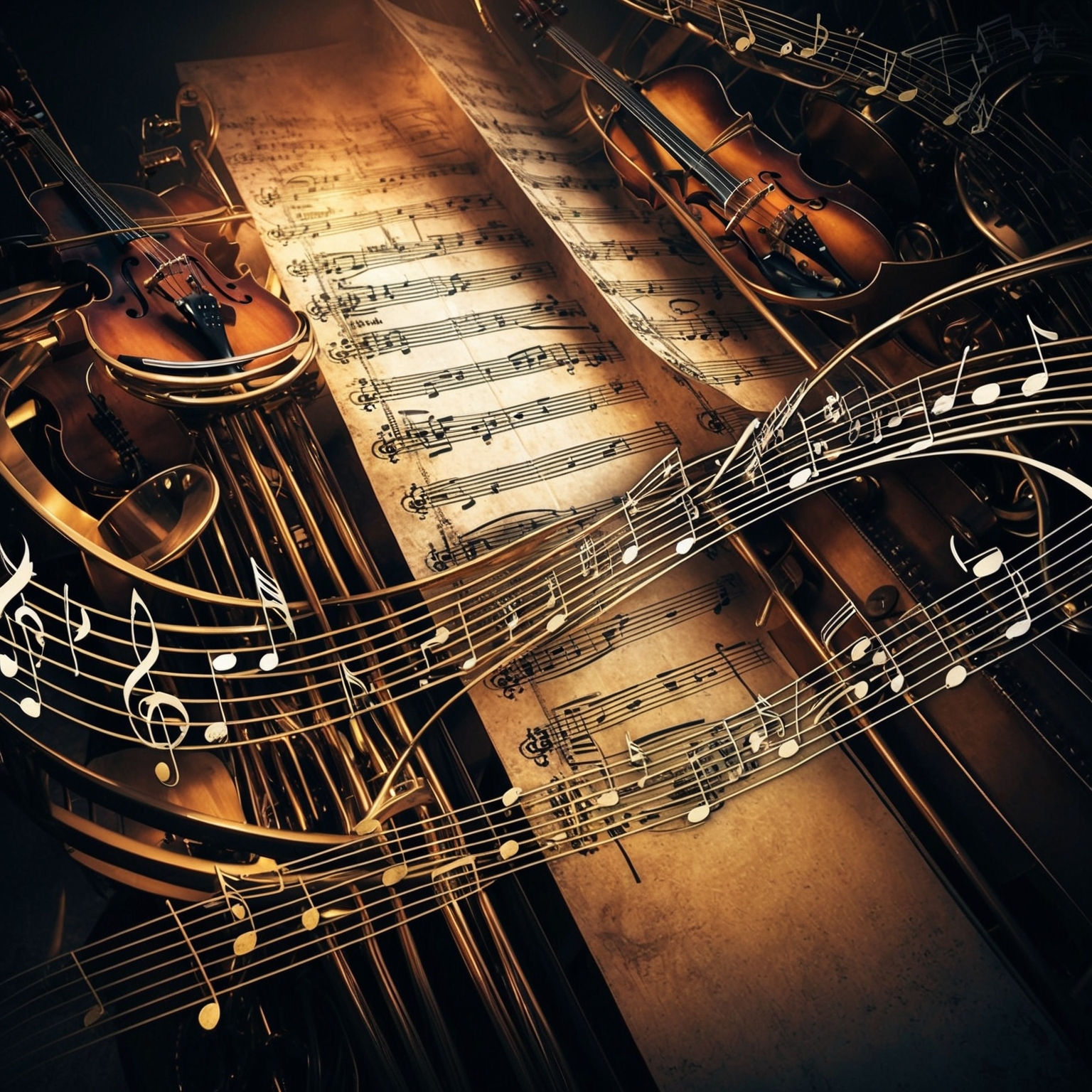 Create an abstract image that captures the essence of complexity and intricacy through musical elements. Include visual representations of orchestral instruments and flowing sheet music. The image should convey a sense of epic scale and dynamic movement, incorporating a palette of rich, dark tones to reflect the progressive metal genre. Focus on elements that symbolize change, such as shifting patterns and intersecting lines, to represent the song