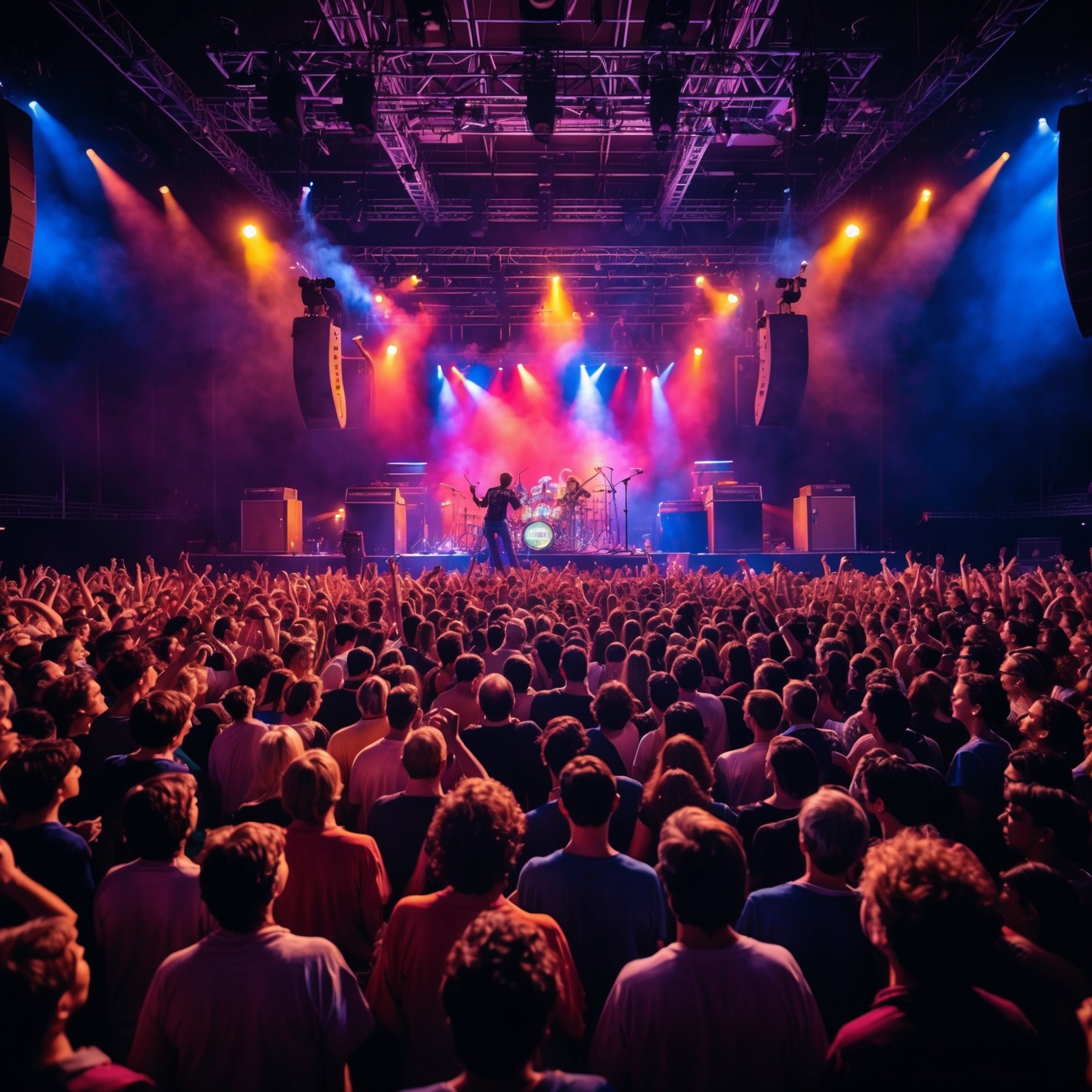 Generate an image of a large, enthusiastic crowd at a 1990s rock concert, front stage. The band is playing on stage with vibrant lighting, capturing the energy and excitement of a live performance. The image should evoke the feel of early 