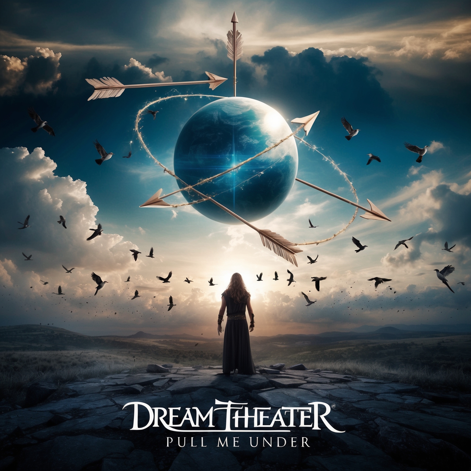 A mystical scene depicting a vast sky with clouds rolling by and arrows flying, under a spinning orb symbolizing time and life. An enigmatic figure stands amidst a philosophical landscape, surrounded by sparrows in flight, capturing the metaphorical journey within Dream Theater