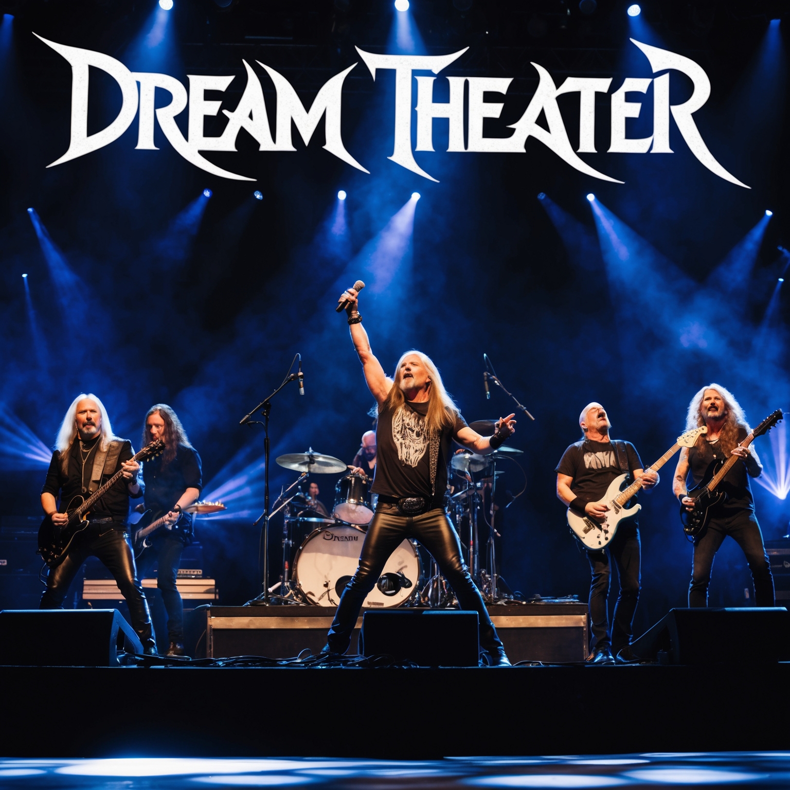 A captivating live performance by Dream Theater, with dramatic stage lighting and a passionate audience. The band members are fully engaged in playing their instruments, exuding high energy and emotional intensity, capturing the essence of a rock concert experience.