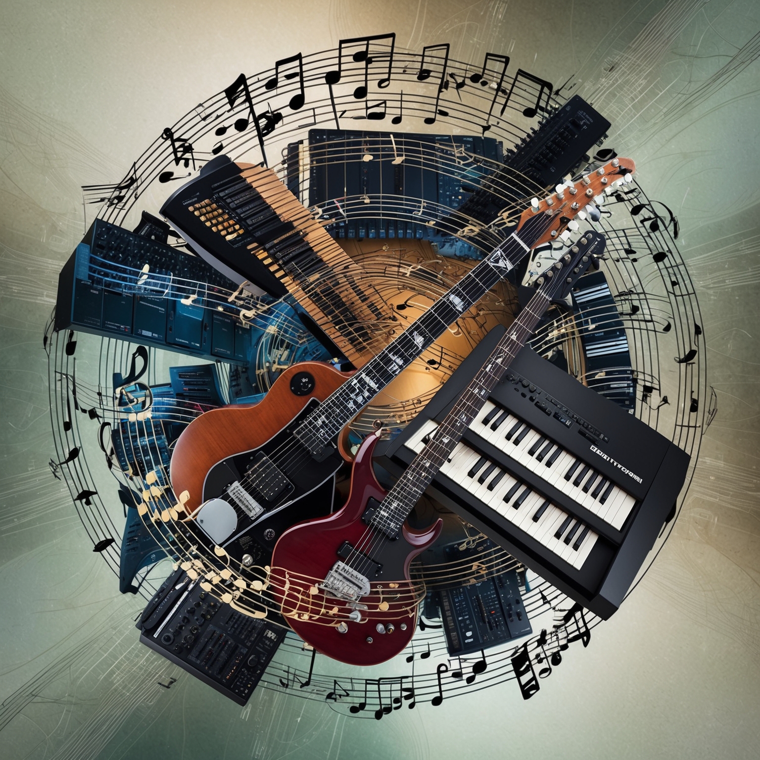 A digital illustration representing a complex musical composition. The artwork features elements symbolizing progressive metal music, such as electric guitars, keyboards, and intricate musical notes swirling in a harmonious pattern. The background is subtly colored to evoke a sense of mystery and depth, reflecting elements like time signature changes and key shifts. Emphasize the dynamic energy and technical sophistication typical of Dream Theater