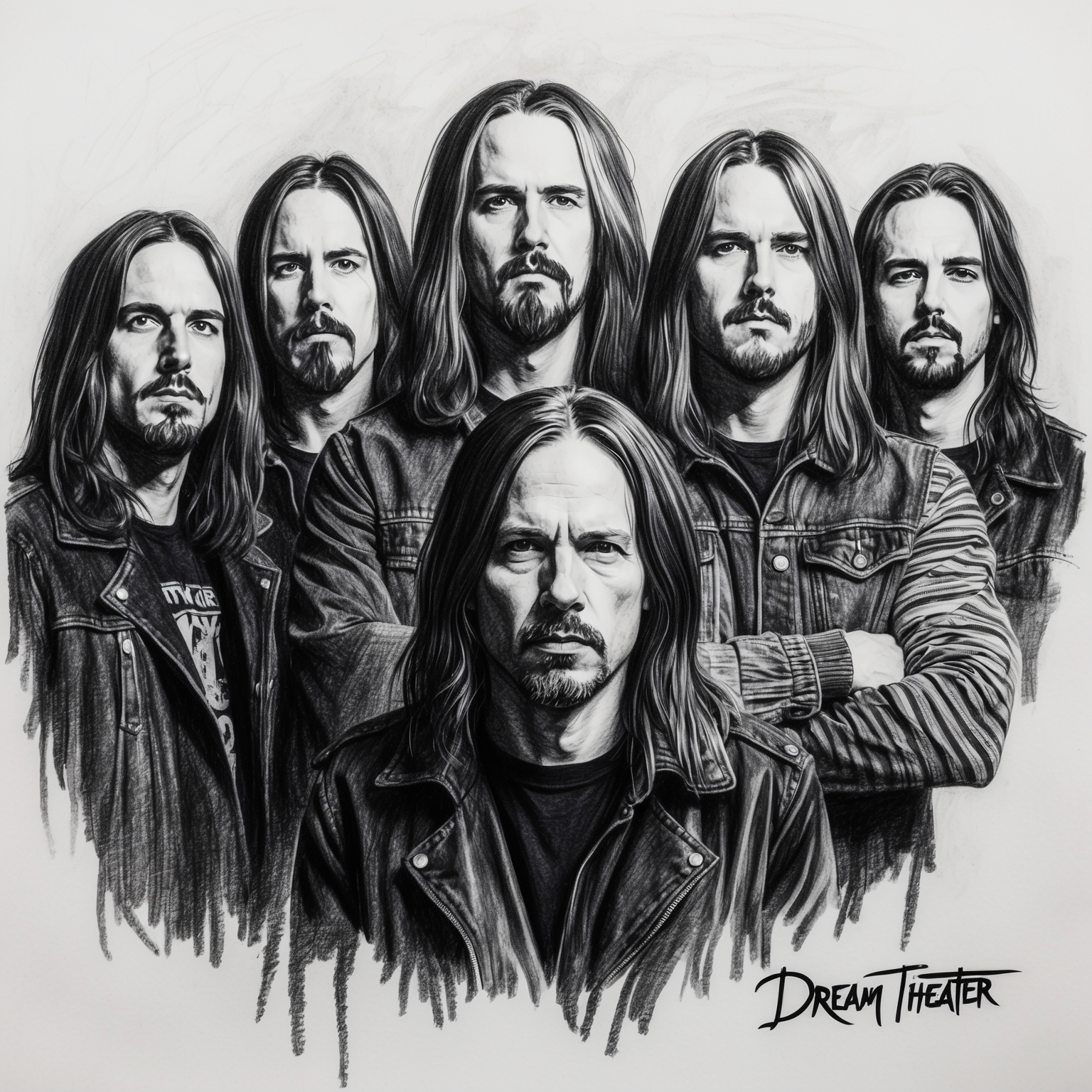 Create a black and white charcoal, stylistic drawing of Dream Theater in a half finished style, capturing the essence of the band