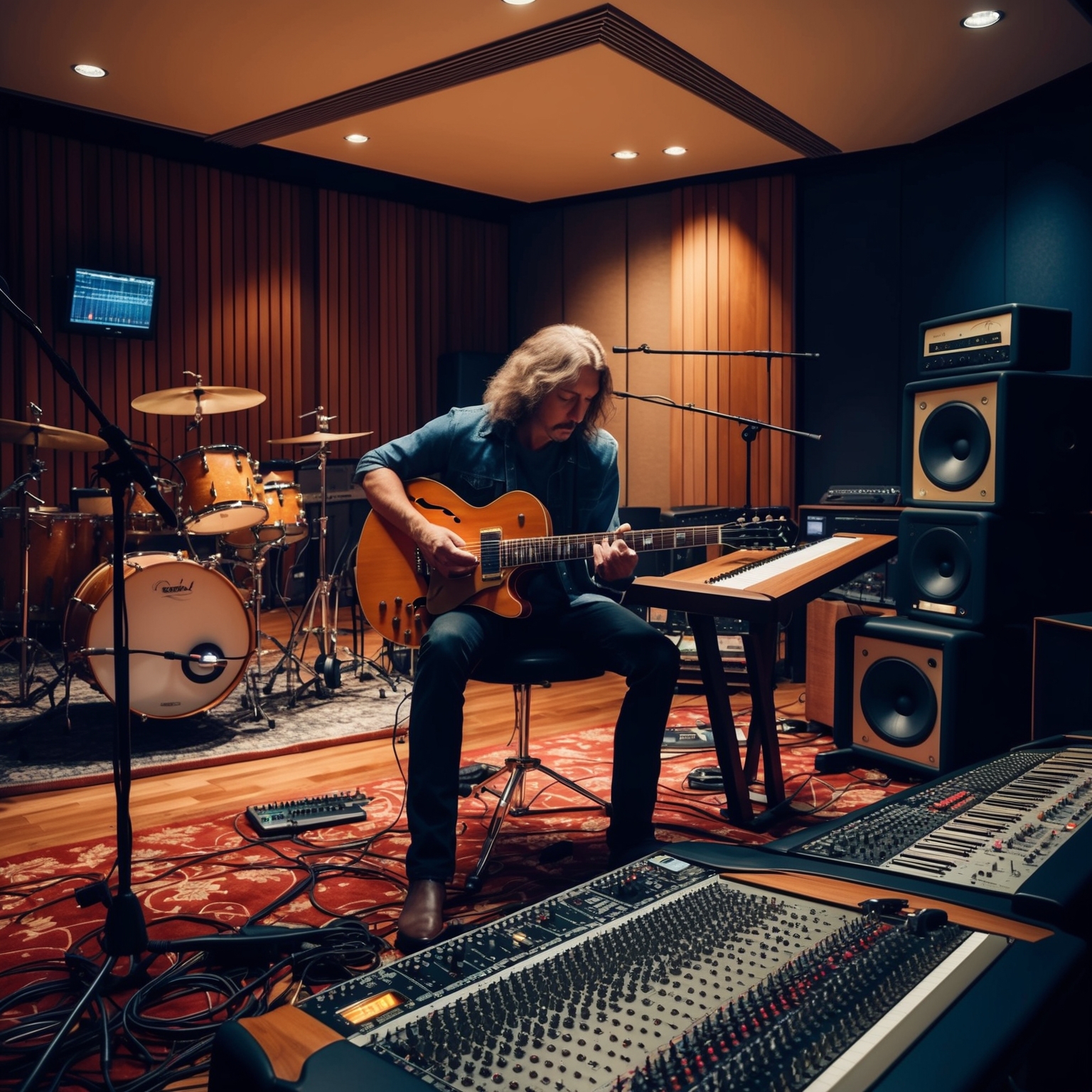 A detailed portrayal of a guitarist in a recording studio, meticulously working on a complex musical composition. The room is filled with musical instruments and sound equipment, reflecting a progressive rock setting, capturing the essence of creativity and innovation in music composition.