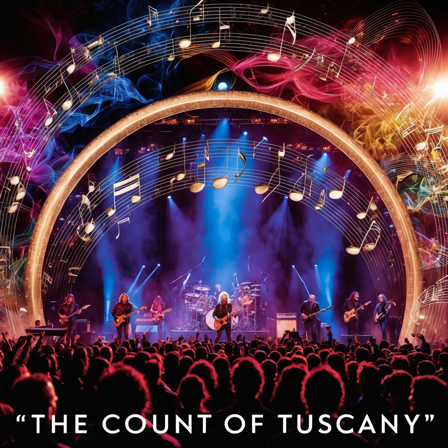 A visual representation of a musical journey, showcasing a majestic progressive rock band performing on stage, surrounded by a vibrant and enthusiastic crowd. Capture the essence of epic soundscapes and artistry with a backdrop of swirling colors and abstract musical notes, reflecting the grandeur and complexity of "The Count of Tuscany."