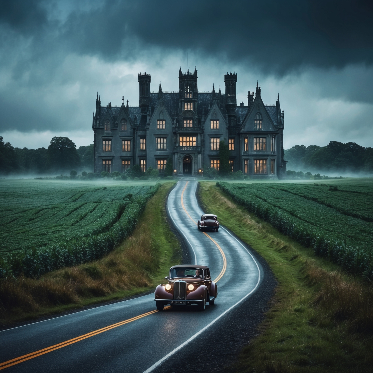 Illustration of a mysterious and eerie countryside with a grand, Gothic-style estate in the background. A winding road leads to the estate, passing through lush, expansive fields under an overcast sky, creating a sense of intrigue and adventure. A vintage car with two figures inside is approaching the estate, its headlights illuminating the path ahead, blending realism with a touch of fantasy.