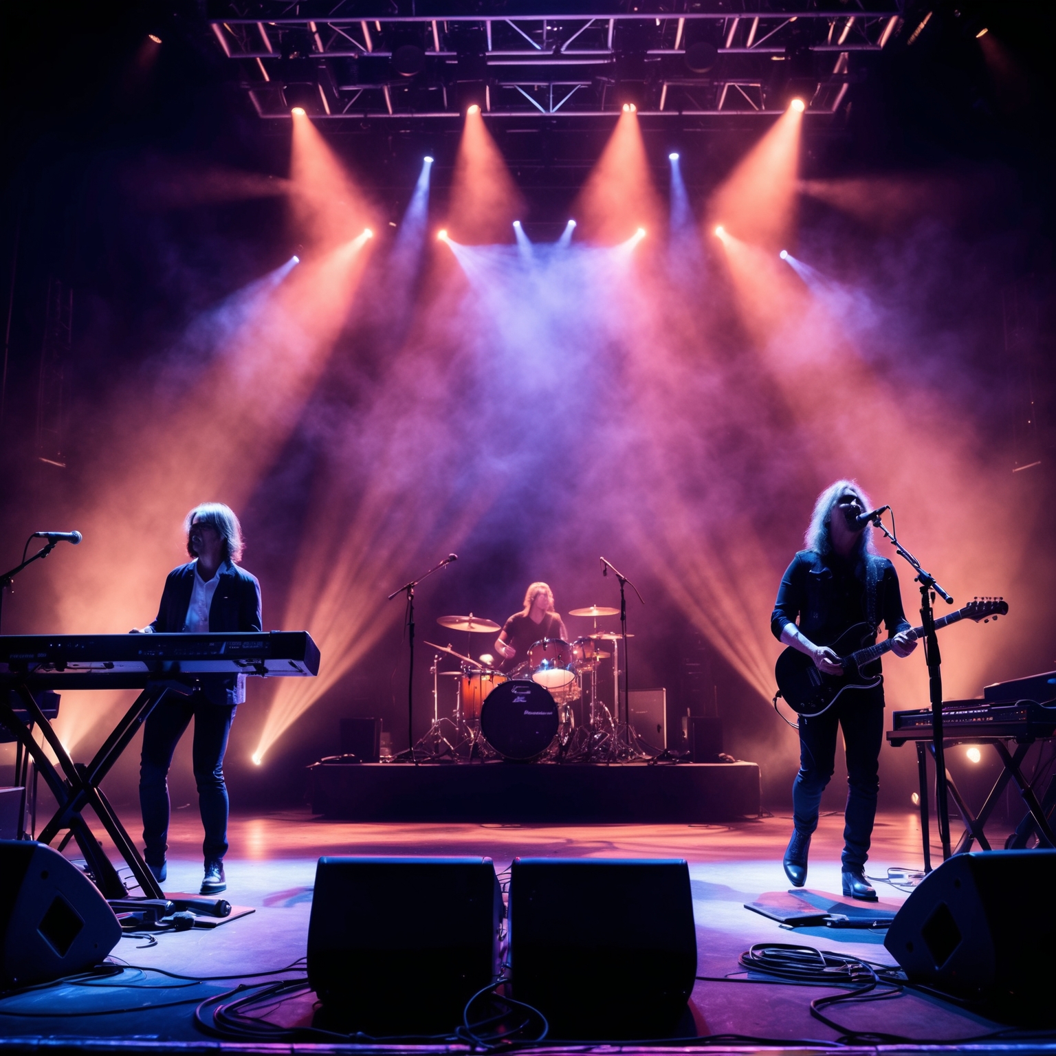 A live concert scene featuring an intricate light show and a progressive rock band playing on stage, capturing a dramatic storytelling ambiance with instruments like keyboards and electric guitars.