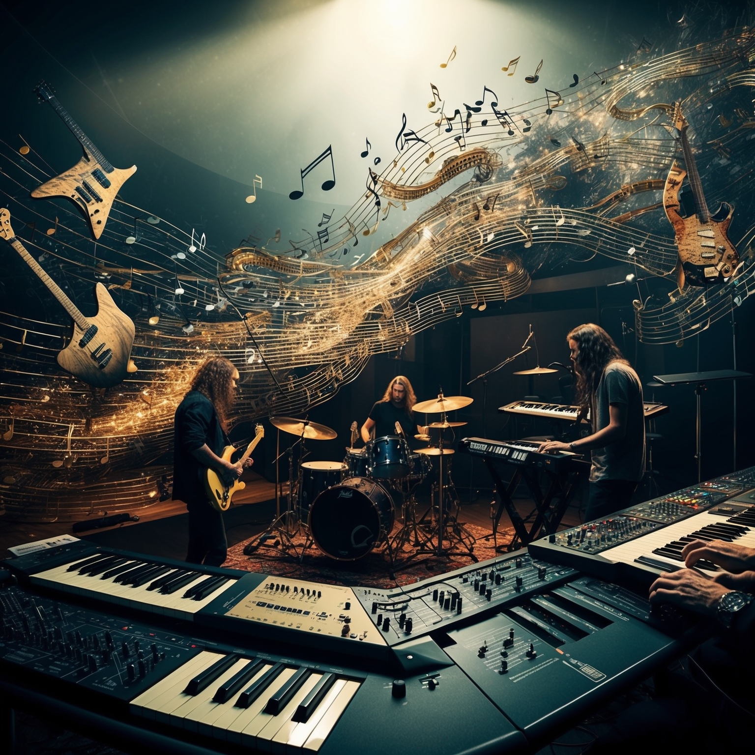 A digital artwork depicting a complex musical composition process, featuring a band in a recording studio. Intricate guitar tabs and sheet music floating around. Keyboards and drum set are in focus, with a grand, sprawling landscape of musical notes cascading around the musicians, symbolizing progressive metal