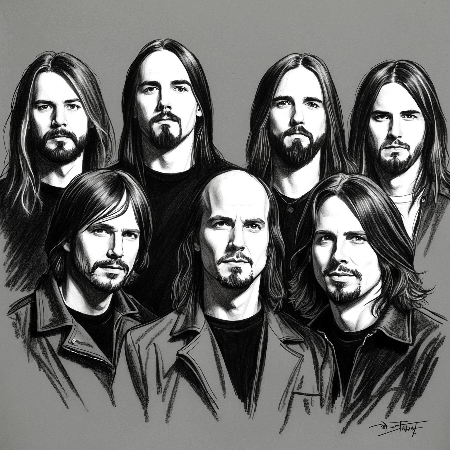 Create a charcoal, stylistic drawing of Dream Theater, focusing on a black and white portrait of the band with a half-finished feel. Capture the essence of the band members in a raw and artistic manner, reminiscent of their progressive musical style.