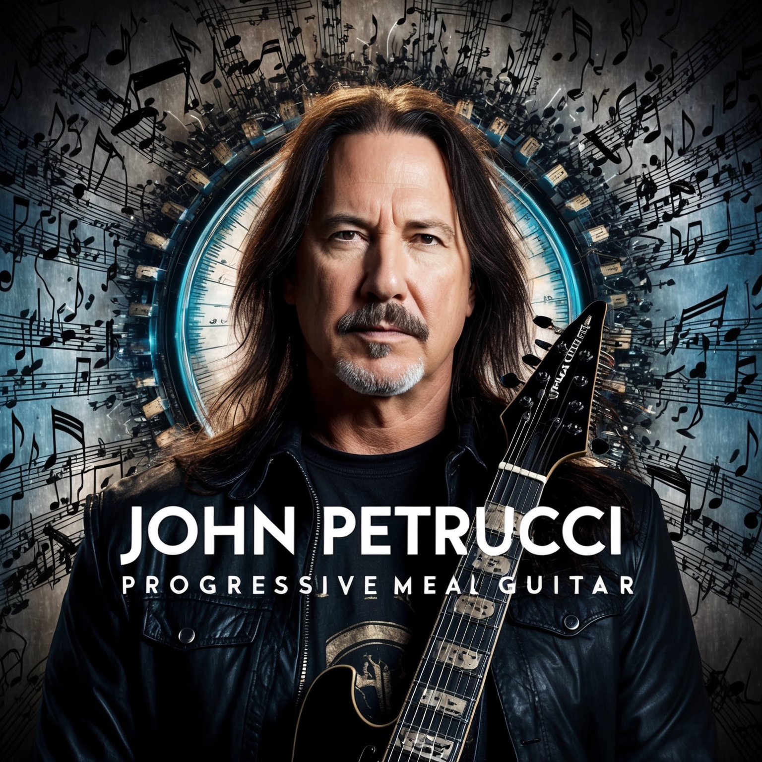 A portrait of John Petrucci, set against a backdrop of intricate musical notes and progressive metal elements, showcasing his role as a composer and guitarist. The image conveys intensity and intricacy, reflecting his influence and style.