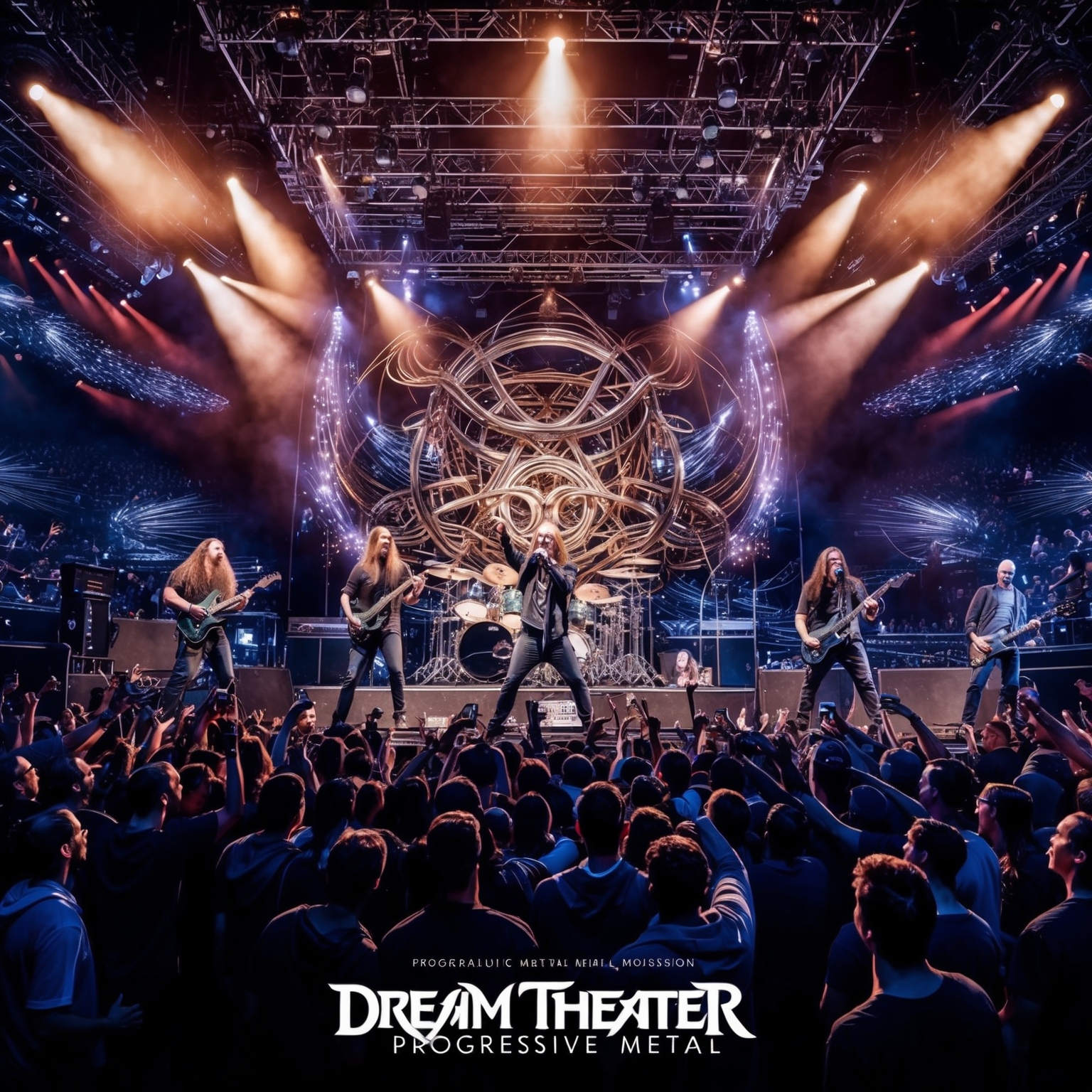 An intricate and dynamic illustration of a progressive metal concert, showcasing complex musical notes, lively audience interaction, and a band passionately performing on stage with exquisite lighting effects. Dream Theater