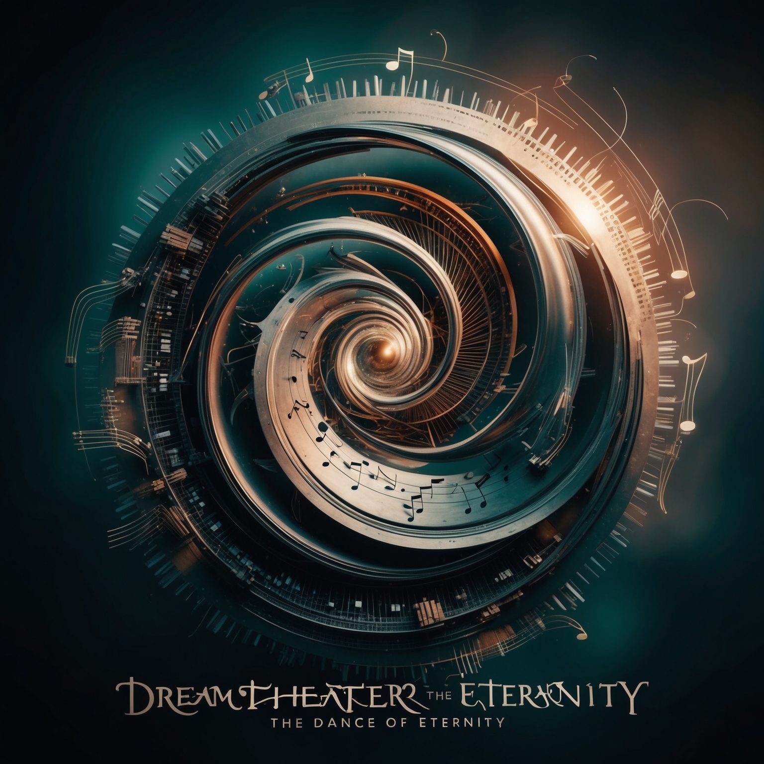 A dynamic illustration of a musical journey through time, with swirling abstract elements symbolizing progressive metal