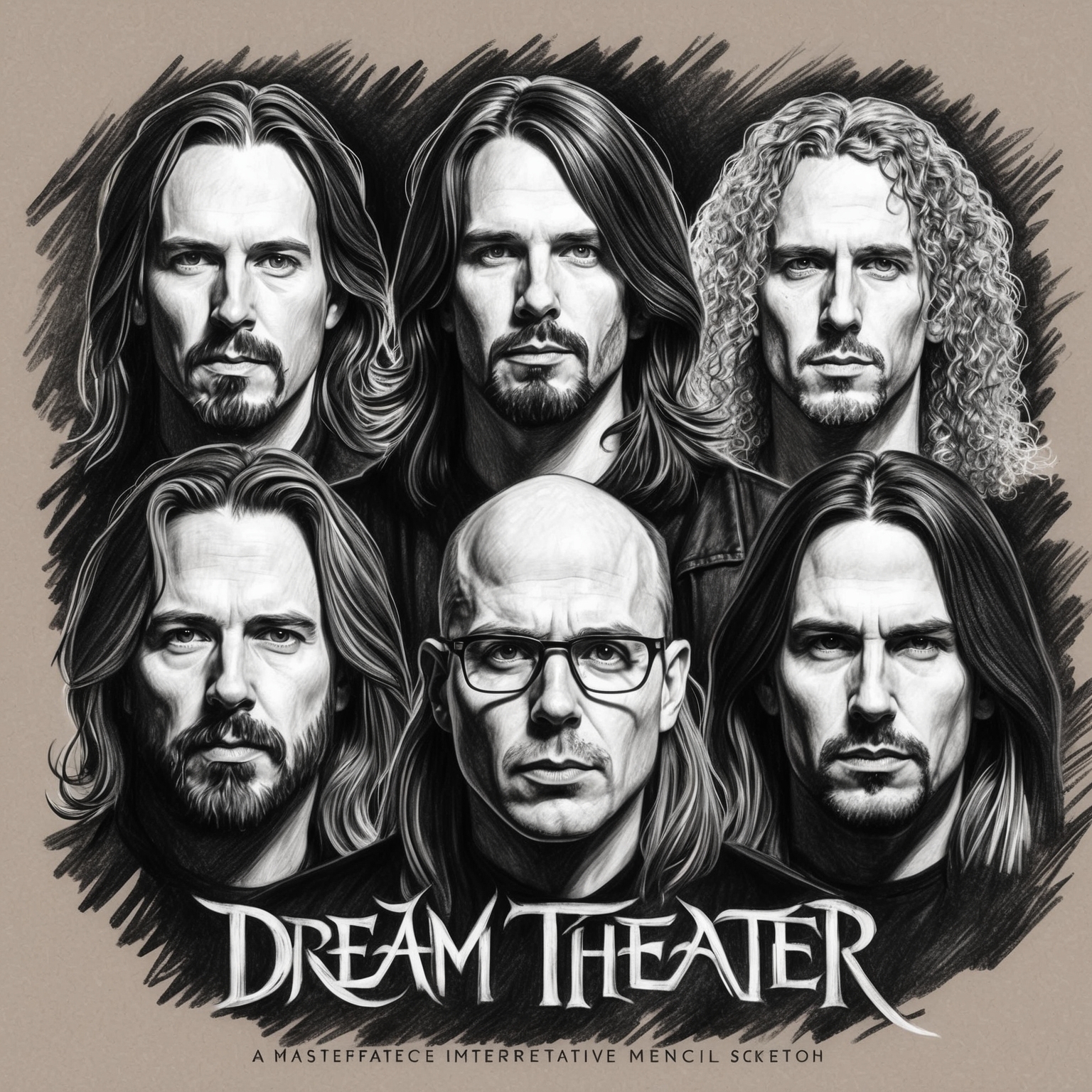 Create a charcoal, stylistic drawing of the band Dream Theater. Capture a black and white portrait that appears half finished, highlighting elements of members John Petrucci, John Myung, Mike Portnoy, Jordan Rudess, and James LaBrie. Aim for a creative, expressive look that reflects the band