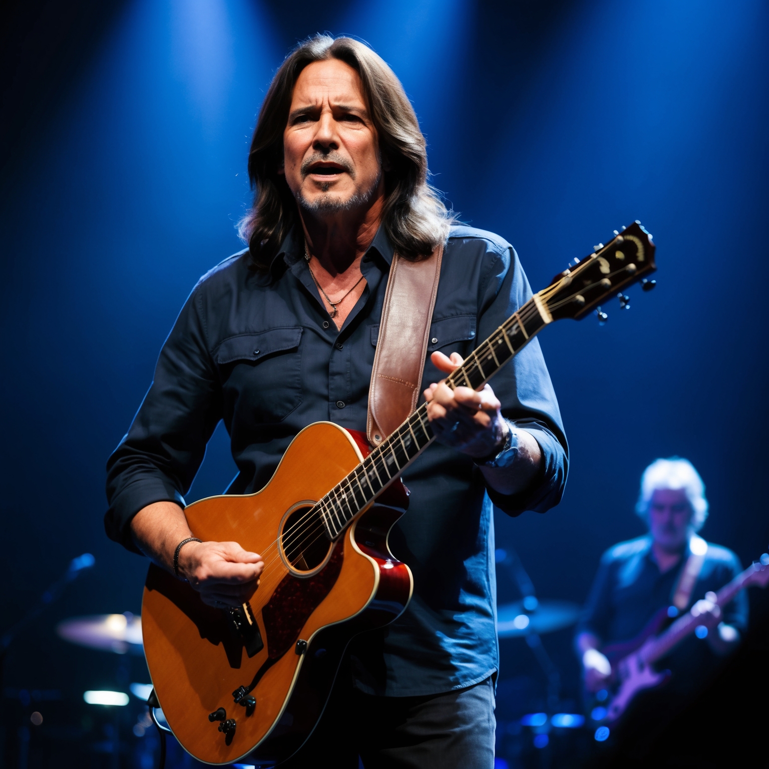 A portrait of a middle-aged man with long dark hair, playing a guitar with intense focus and passion, on a dark stage with blue lights creating a dramatic atmosphere. In the background, blurred silhouettes of other musicians add depth to the scene, reflecting a live concert performance. The man’s expression is one of concentration and intensity, symbolizing a deep connection with the music.