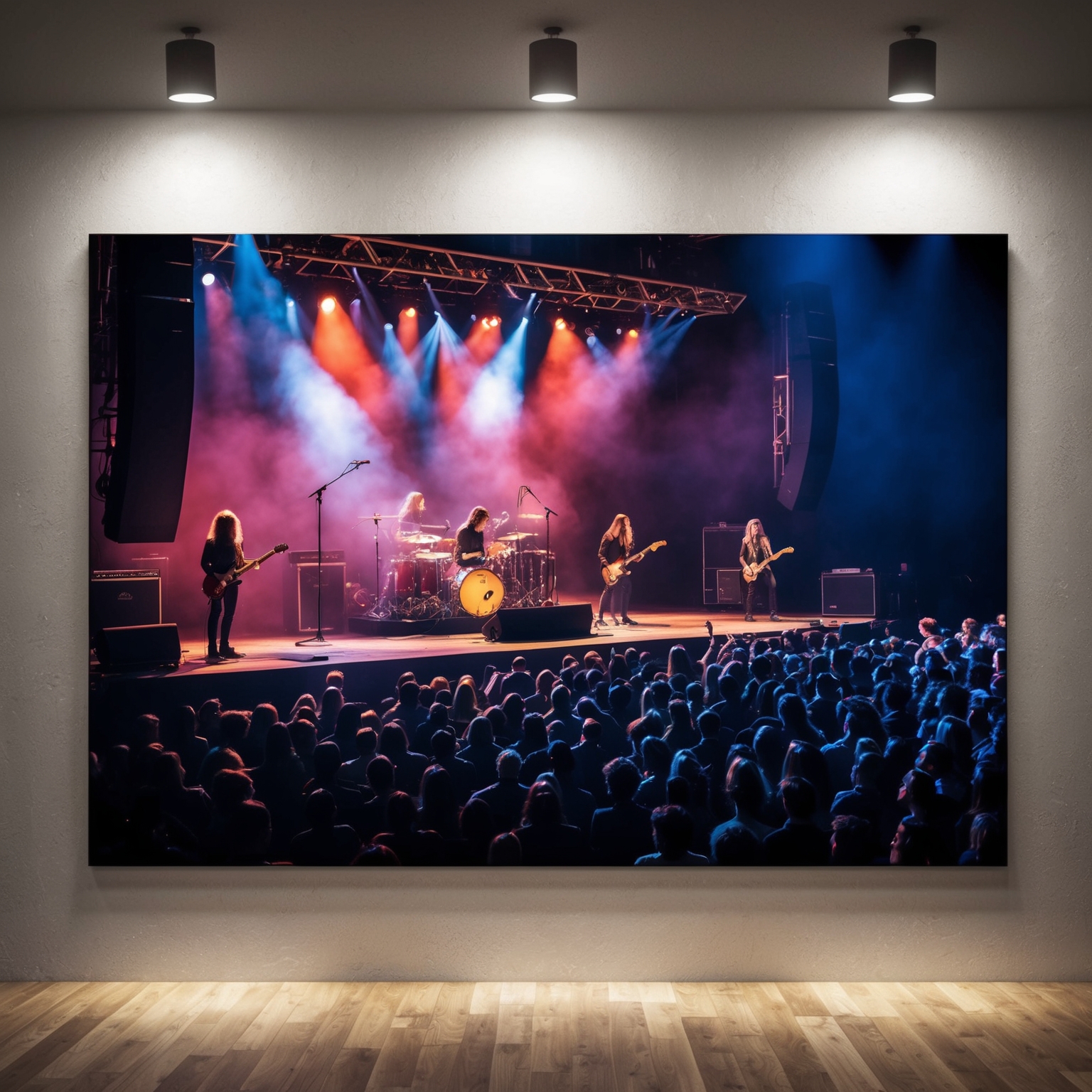 A rock concert stage illuminated with ethereal lighting, capturing a band mid-performance with a captivated audience, symbolizing the enduring legacy and influence of a timeless progressive rock song.