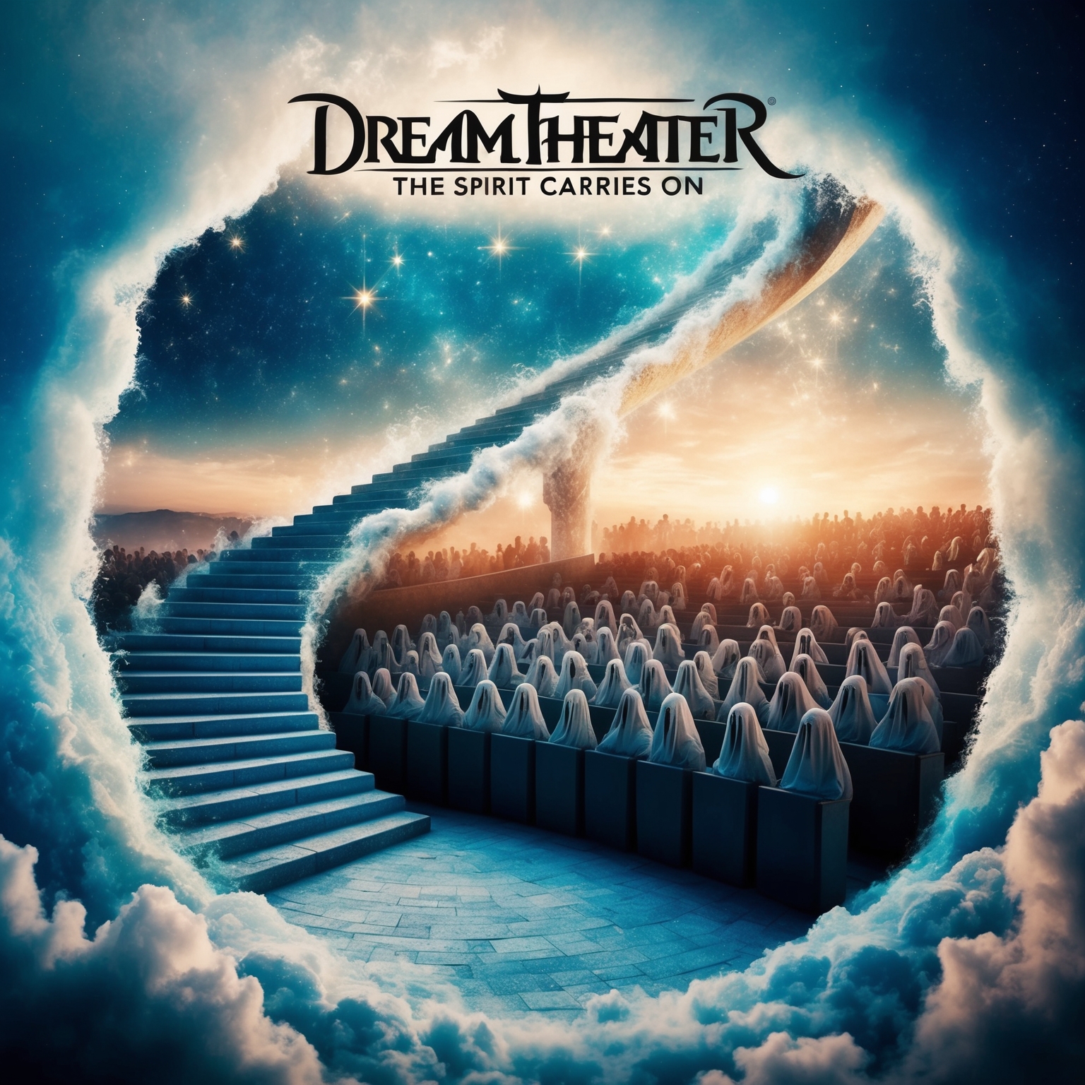 A digital artwork depicting a dreamy, ethereal landscape that echoes the themes of nostalgia and introspection found in Dream Theater