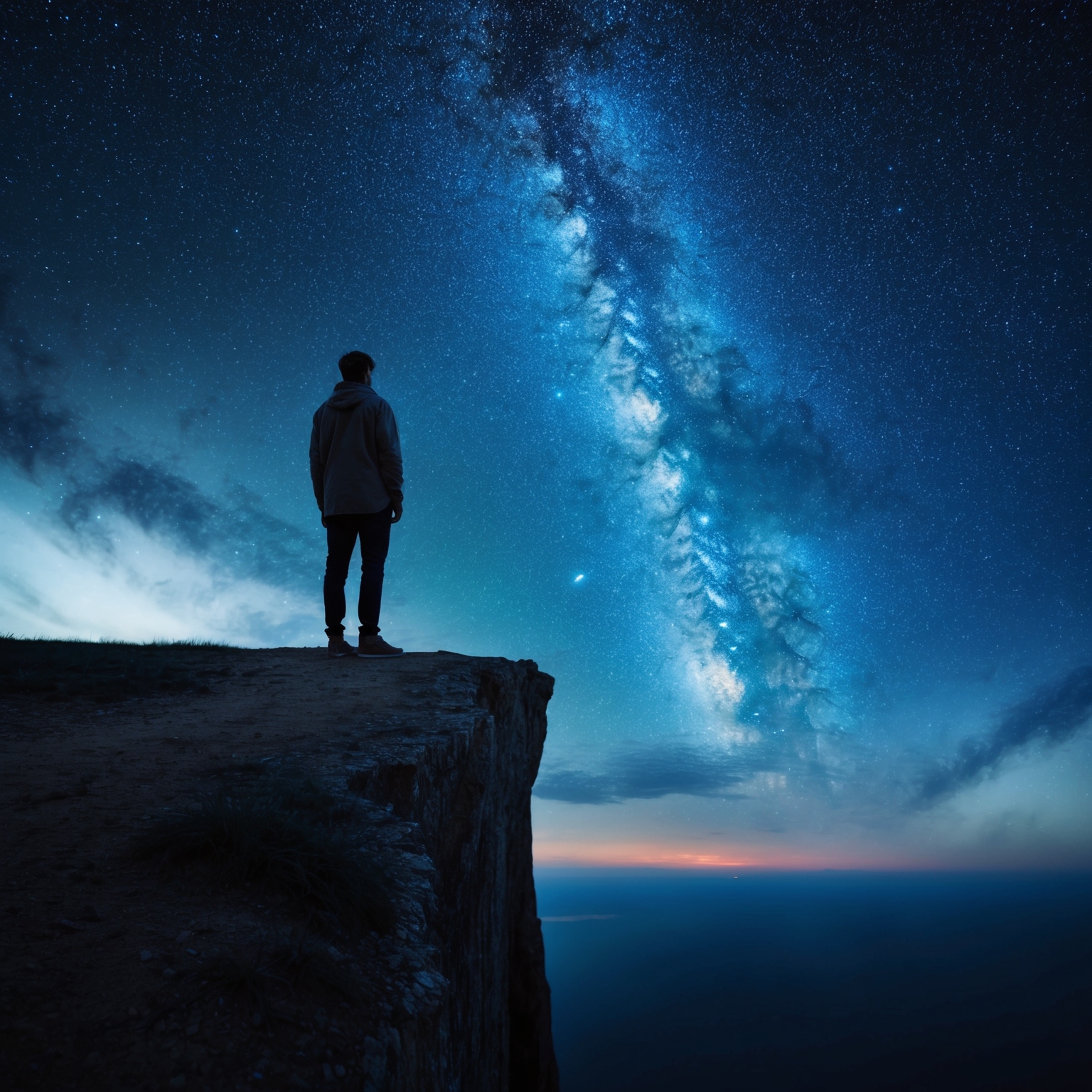 An ethereal and introspective scene depicting a person standing on a cliff, looking at a star-filled sky, symbolizing existential contemplation and the search for meaning in life. The night sky is vast and reflective of infinite possibilities, blending with dream-like elements to capture the essence of the song