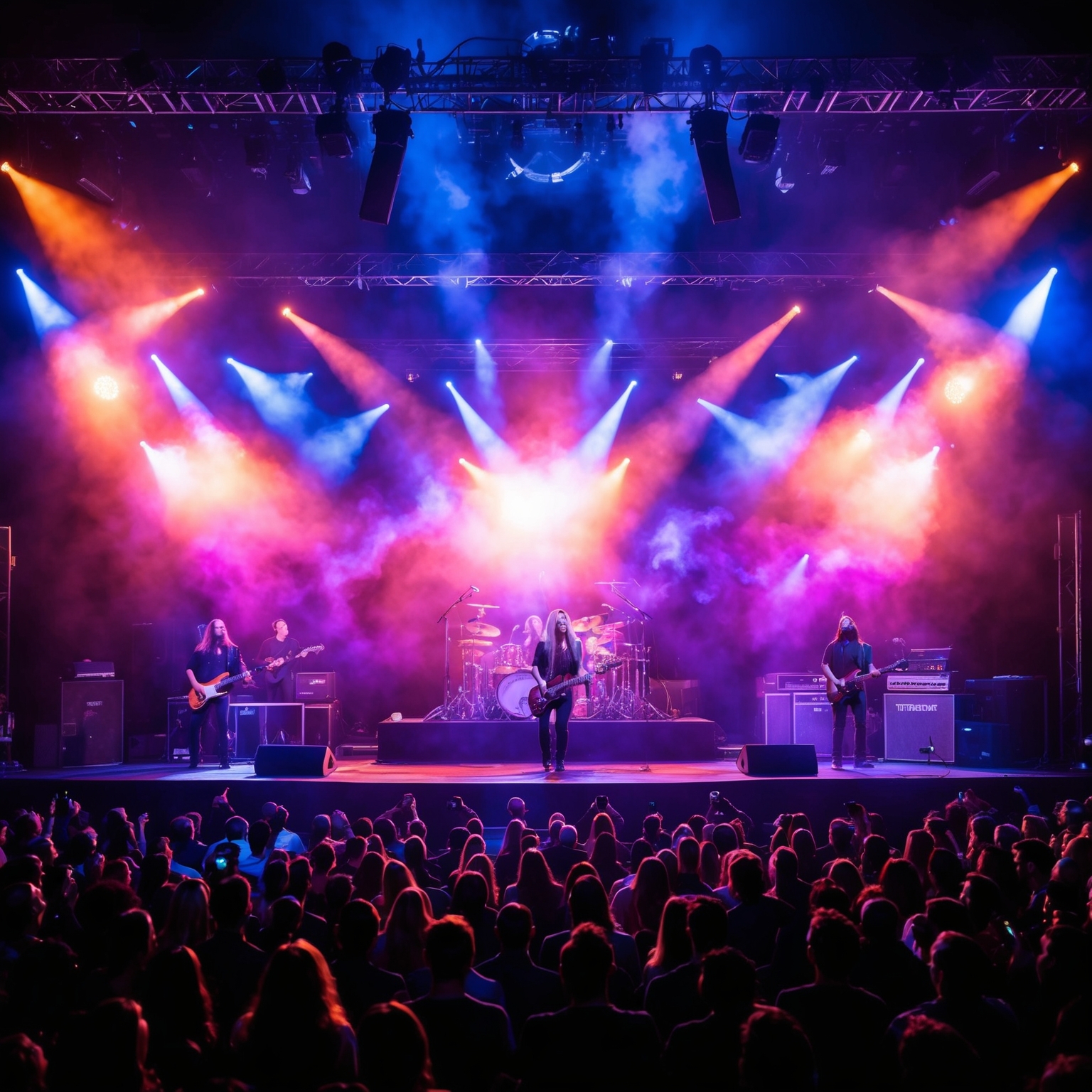 Create an image of a Dream Theater live performance with vibrant stage lights and an audience. Include subtle ethereal and cosmic elements to reflect themes of transcendence and the emotional ambiance of a rock concert. Capture both the band in action and the audience