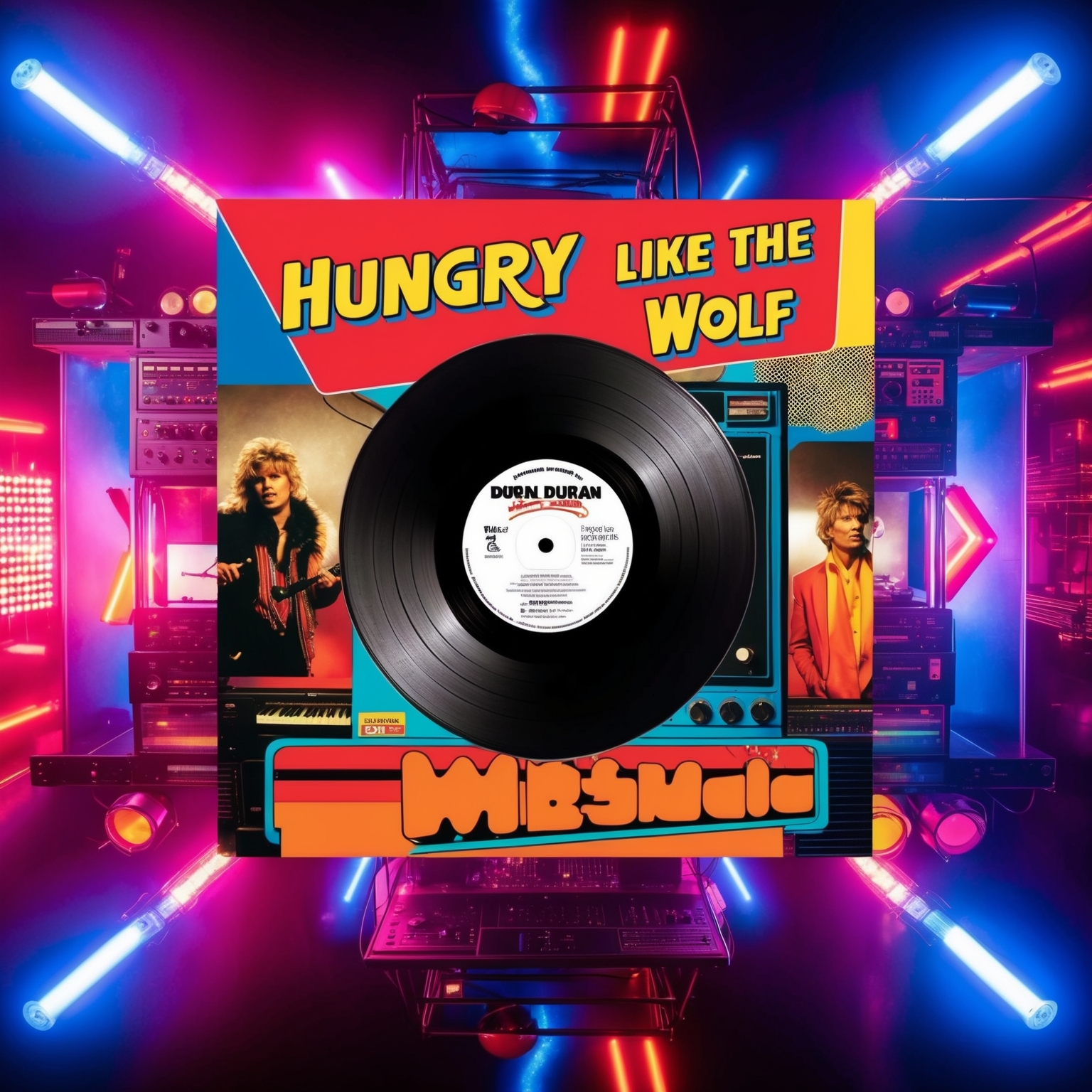 A vibrant and dynamic 1980s music scene depicting a vinyl record with the title 