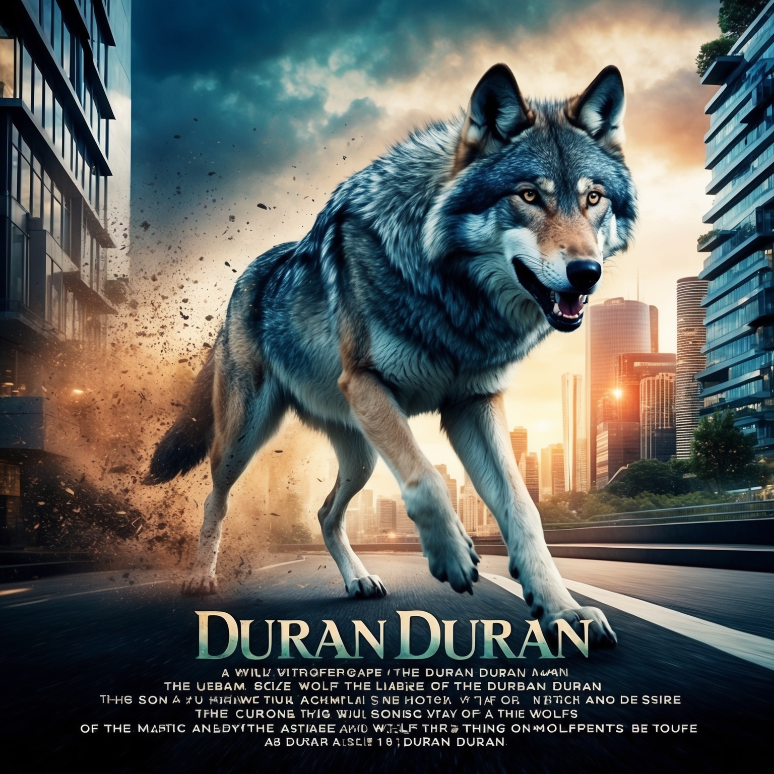 A dynamic depiction capturing the essence of a wolf in an urban setting, blending elements of pursuit and desire. The scene should portray an amalgamation of modern cityscapes with natural wilderness, embodying Duran Duran