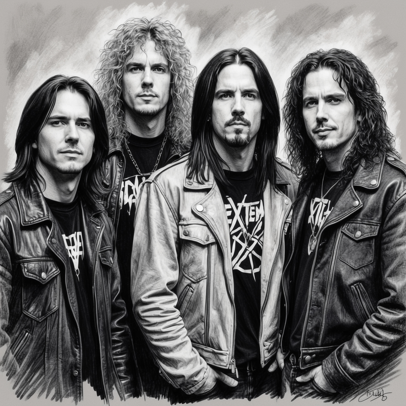 Create a black and white charcoal, stylistic portrait of the rock band Extreme, capturing the essence of the early 