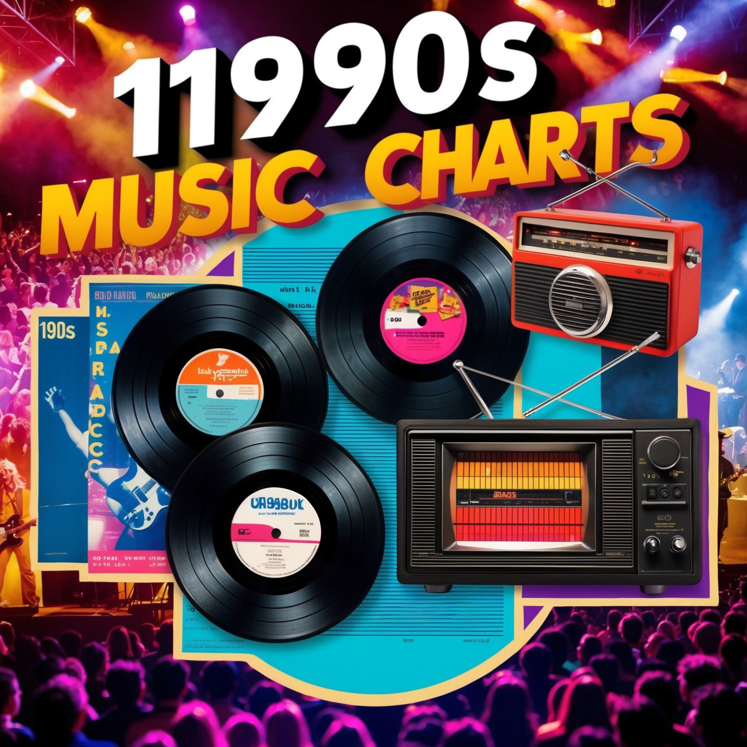 A vibrant collage representing the 1990s music charts, featuring images of vinyl records, a retro radio, and a band performing live. The background reflects an early 