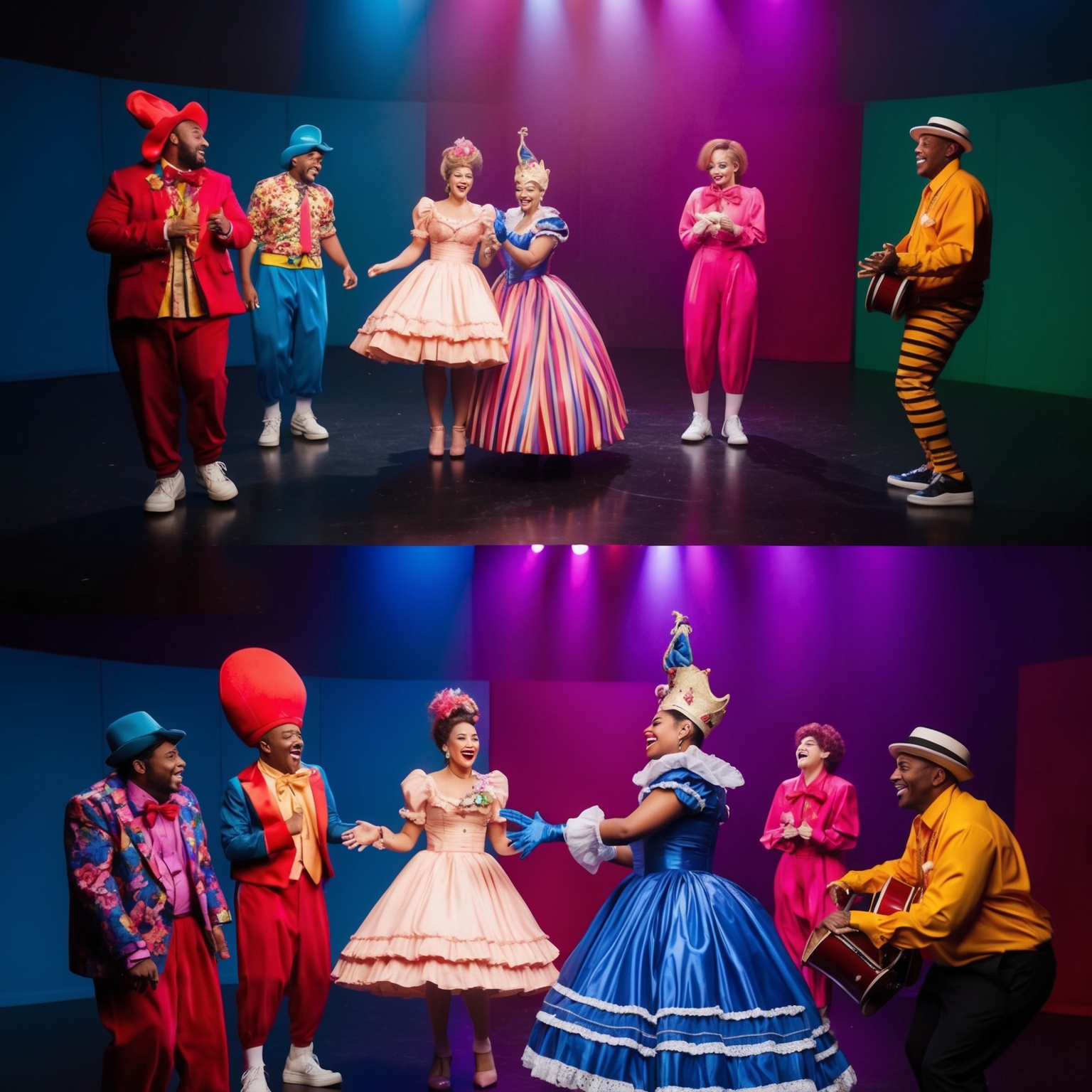 A whimsical yet poignant scene from a music video with vibrant colors and contrasting visuals, actors in exaggerated costumes, and a balance of humor and deeper emotions.