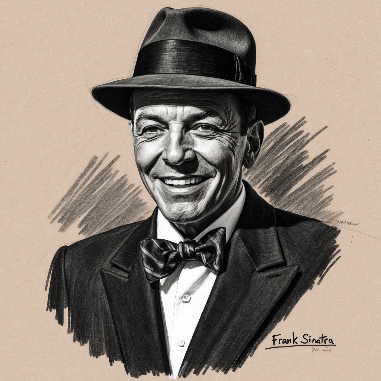 Create a black and white charcoal portrait of Frank Sinatra. The portrait should capture the essence of his enigmatic persona, featuring a half-finished feel. Depict him in a stylistic manner that emphasizes his classic charm and sophistication.