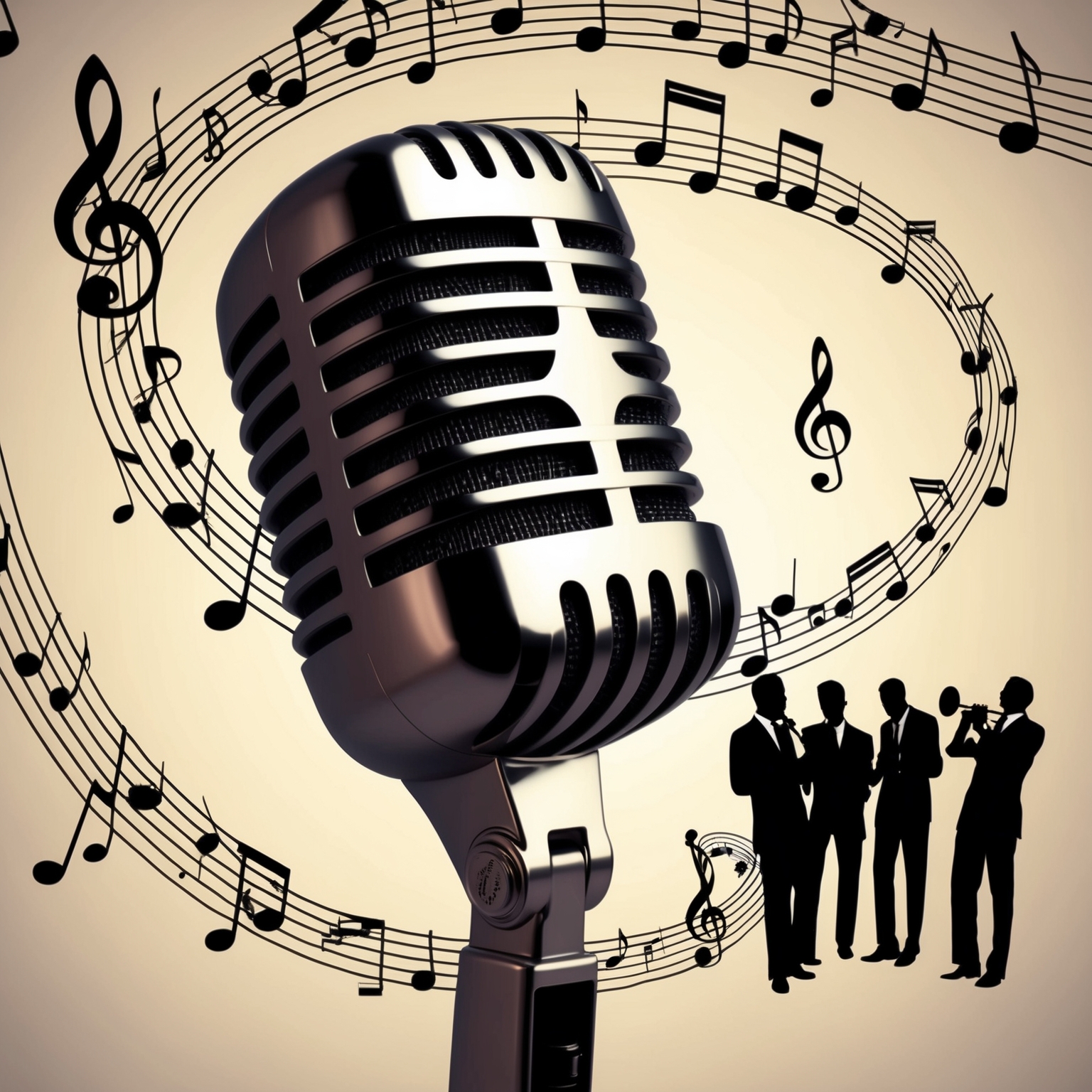 Illustration of a vintage microphone with musical notes swirling around it, accompanied by silhouettes of jazz musicians in the background, evoking the classic and timeless appeal of a legendary song.