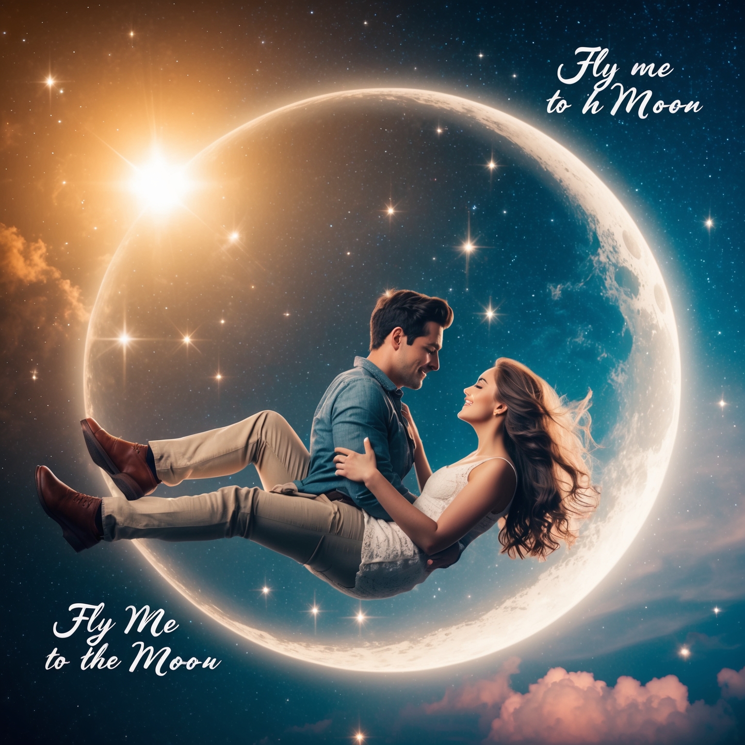 Generate an image of a romantic couple floating among stars in outer space. Capture the dreamlike essence with a blend of warm and cool tones, highlighting the celestial beauty and intimate connection suggested by the lyrics of 