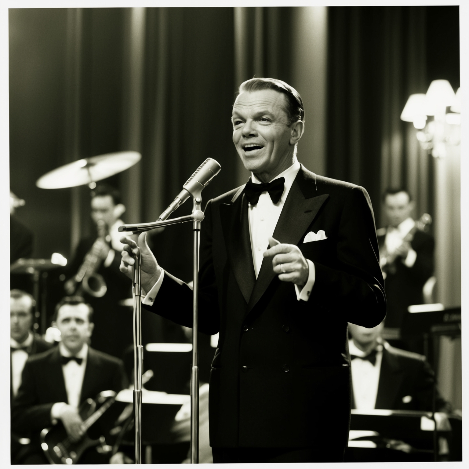 A scene from a classic Frank Sinatra live performance, featuring him on stage amidst elegant, vintage lighting, with a jazz band in the background. The focus is on Sinatra